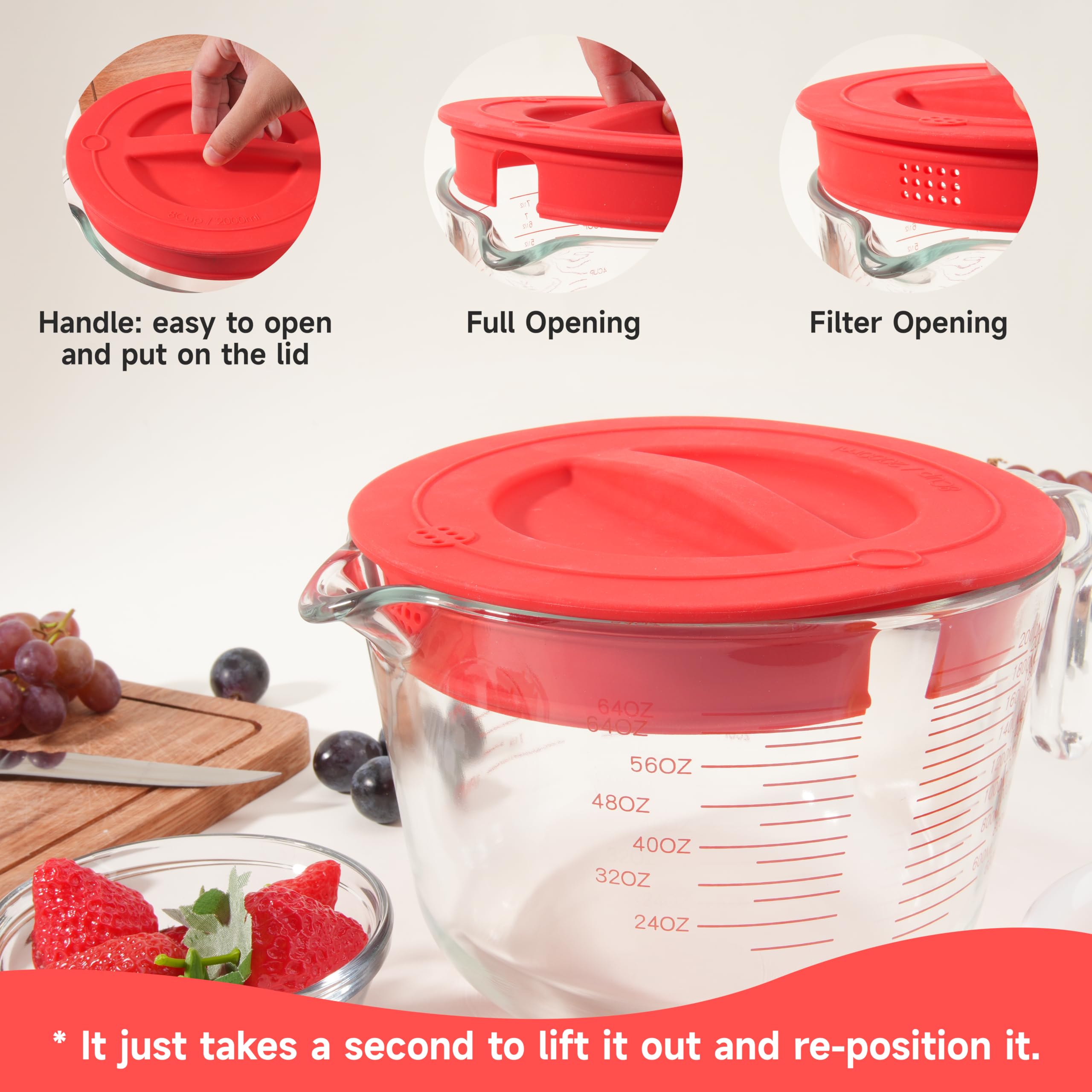 Silicone Lid Compatible with Le'raze & Amazon Basic 8 Cup Measuring Cup, Silicone Replacement Lids Fits Le'raze 8-Cup (2 Quarts) Glass Measuring Bowl, Dishwasher & Microwave Safe (Cup not Included)