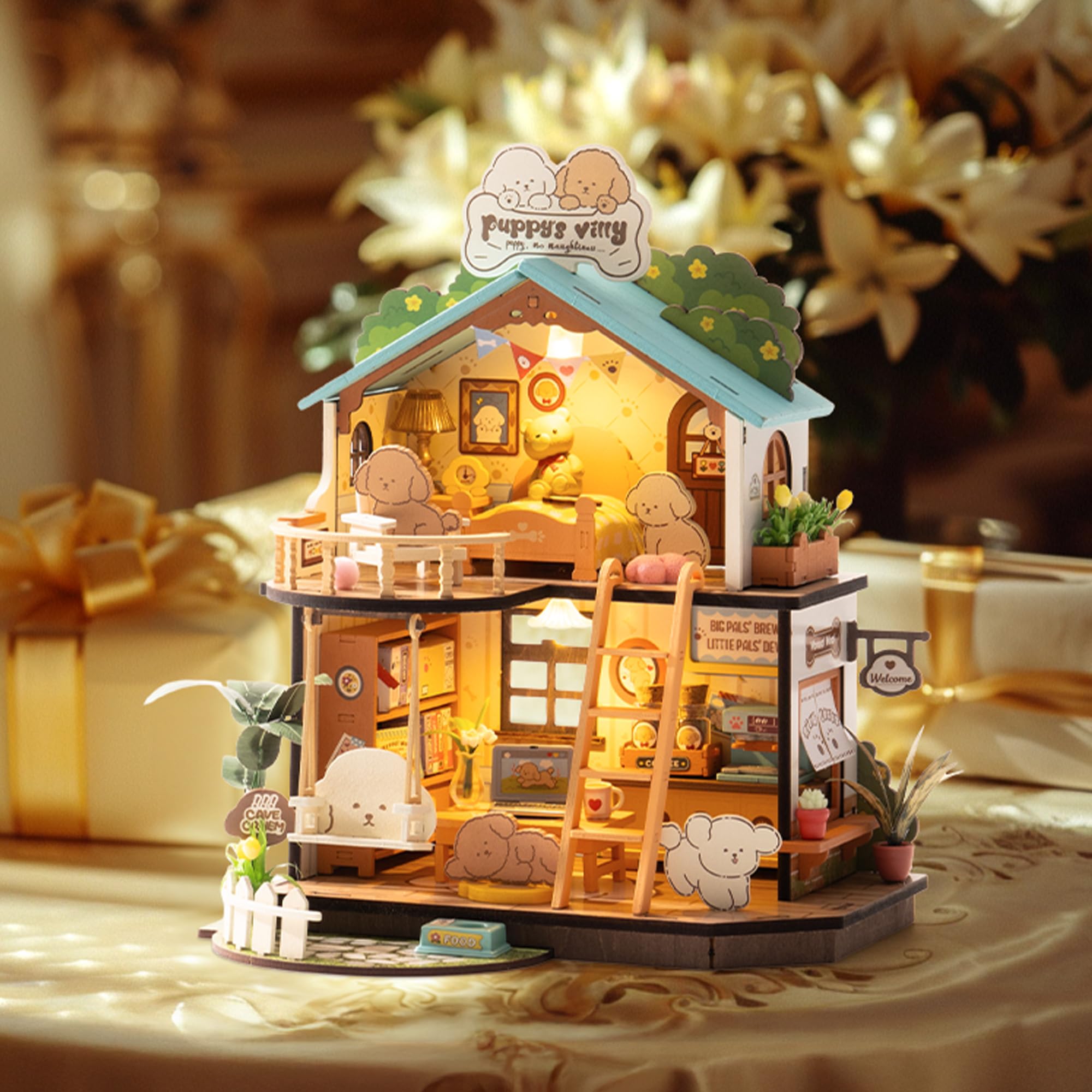 ROBOTIME DIY Miniature House Kit with LED and Furniture Puppy's Cozy Villa,  Wooden Dollhouse Model Building Kit Gift for Children and Adults :  Amazon.co.uk: Toys & Games