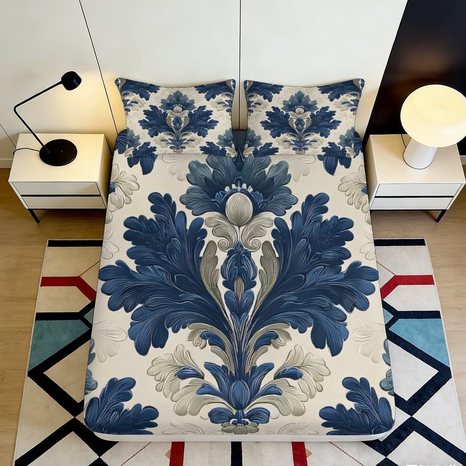 3D Printed Blue Baroque Fitted Sheet Microfiber Soft Mattress Cover Elegant Leaf Pattern Bed Decor for Bedroom Guestroom 90x200x25cm