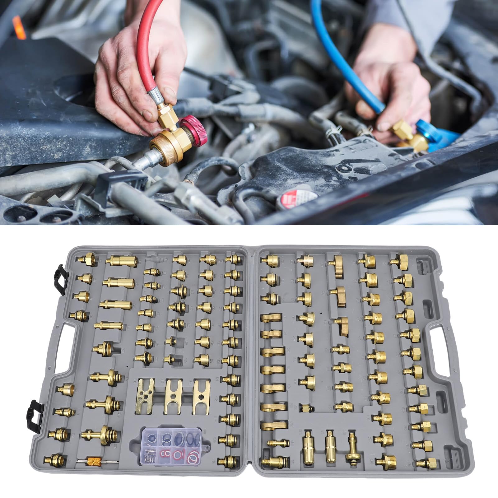 Aramox Kit de Detector de Fugas de CA para Automoción, Herramienta de Detección de Fugas de Aire Acondicionado de Latón, Juego de 130 Piezas para Reparación de CA de Coche, Camión, Caja de