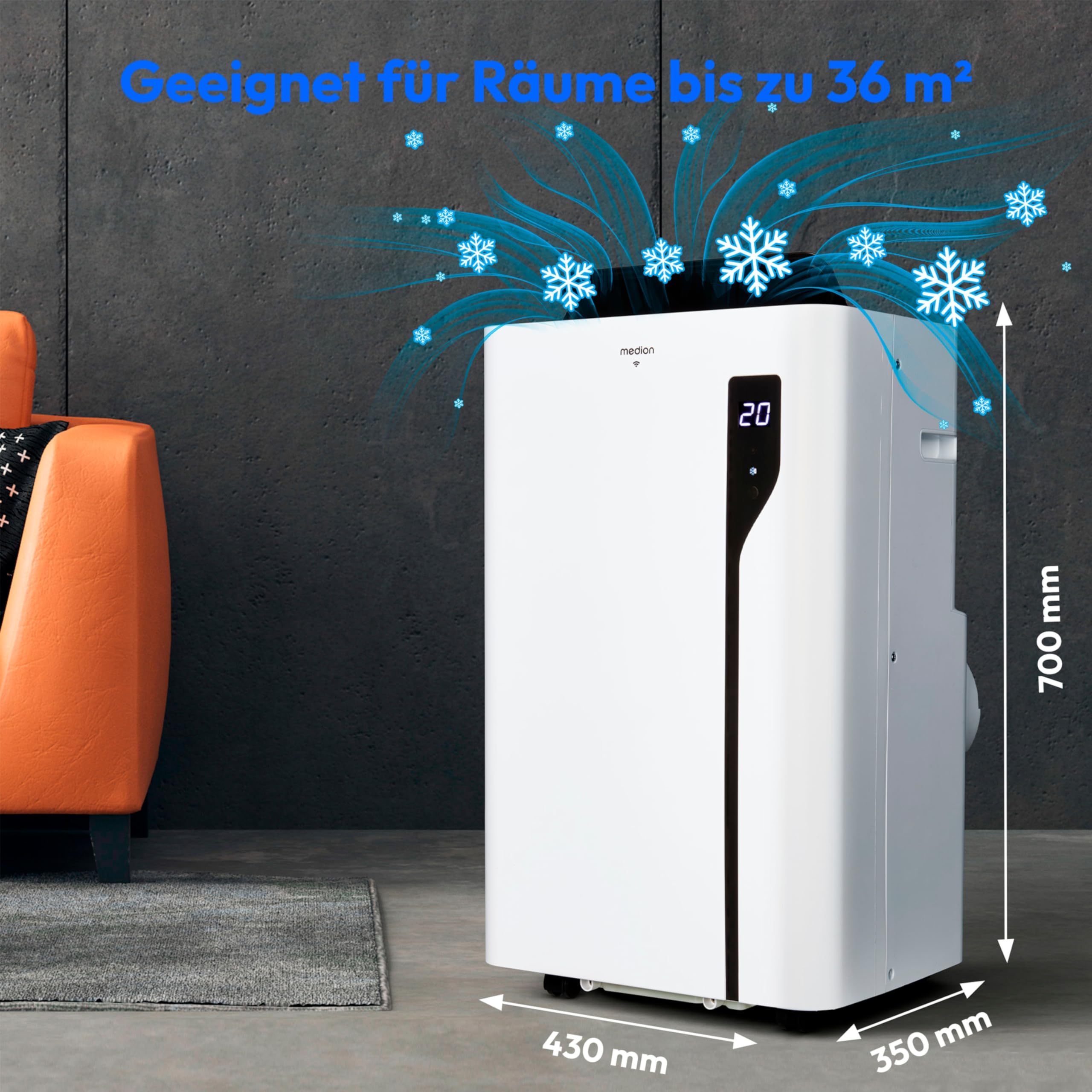 MEDION Smarte Mobile Klimaanlage mit Abluftschlauch P1200 (12000 BTU, mobil, inkl. Fensterabdichtung, bis 36m², 3in1 Kühlen Entfeuchten Ventilieren, App- und Sprachsteuerung, Schlafmodus, MD 37734)