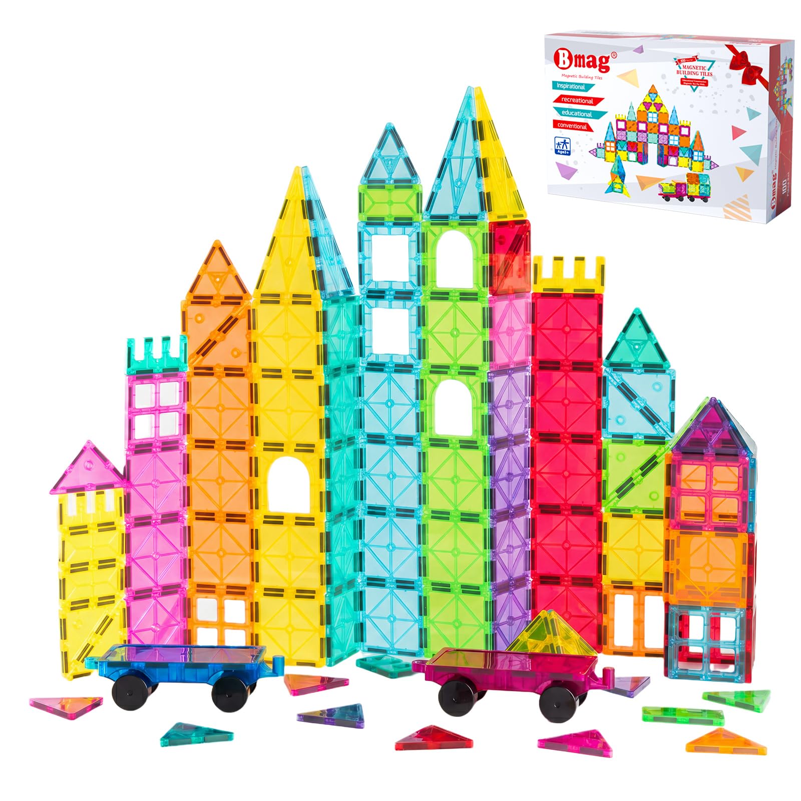 Magnetic Tiles Building Blocks Set with 2 Cars 100Pcs, Designed for Open-Ended Building and Versatile Play, Gifts for STEM Support and Parent-Child Interaction for Kids Aged 3+