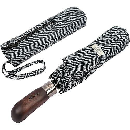 Travel Folding Umbrella with Real Wood Handle Auto Open Close Vented Windproof Canopy - Designed in UK