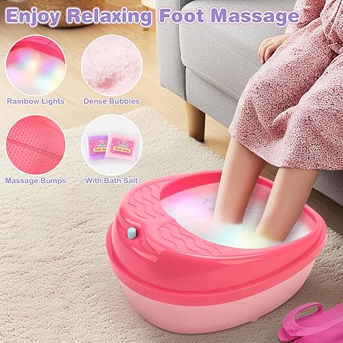 Miniatura 3 de Dreamon Juego de 25 piezas de spa de pies y uñas para niños, kit de día de spa para niños con bañera de masaje de luz arcoíris de tamaño medio,