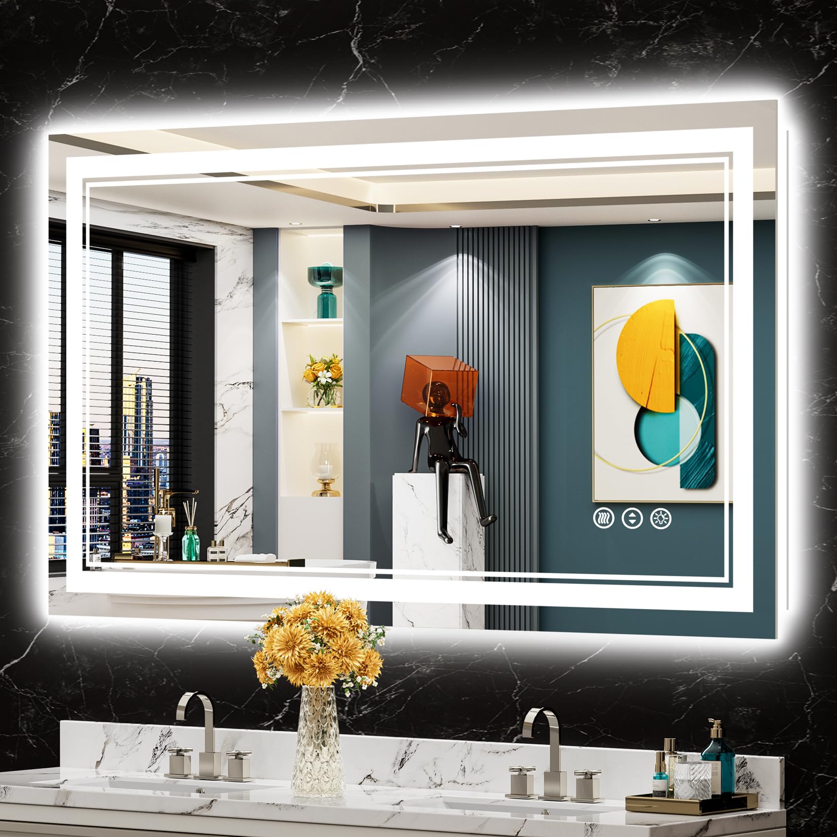 48x28 LED Bathroom Mirror with Lights, Backlit and Front Lit Anti-Fog Lighted Vanity Mirrors for Bathroom Wall, Dimmable, 3-Color Light, Memory, Shatter-Proof, HD Tempered Glass, CRI＞90