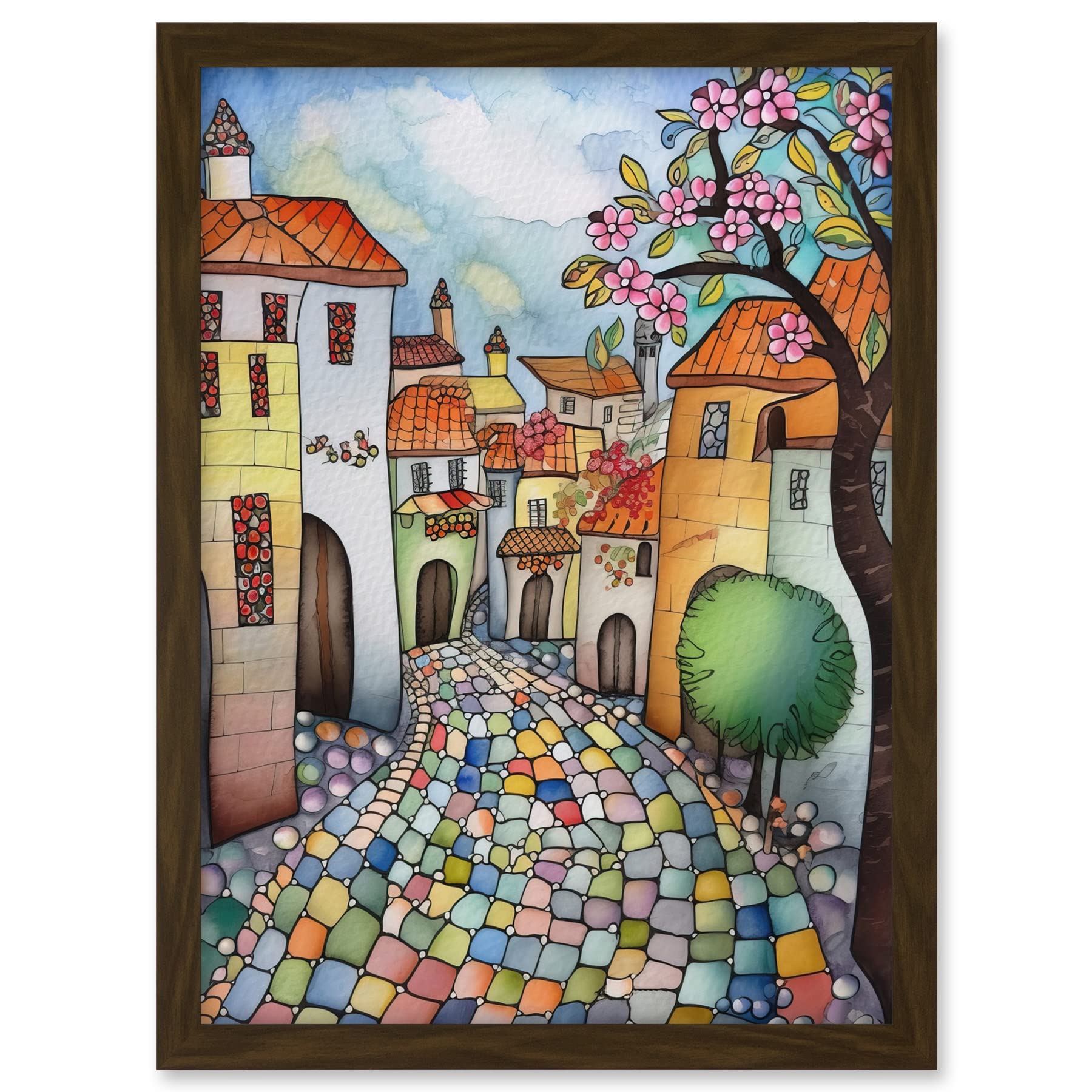 Artery8 Village Cobbled Street Cherry Blossom Folk Art Artwork Framed A3 Wall Art Print