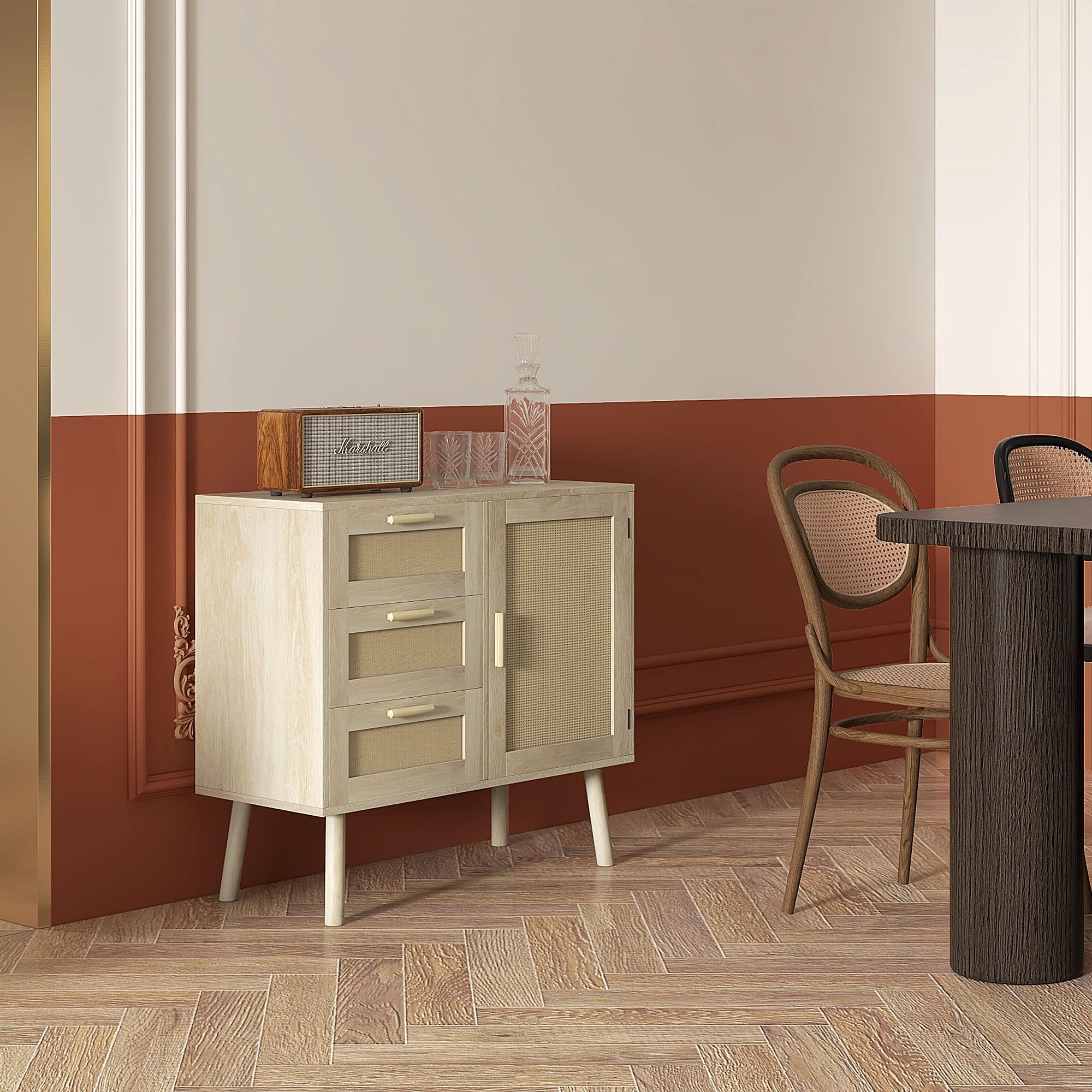 HOMCOM Mobile Multiuso in Stile Boho con Armadietto e 3 Cassetti in Legno e Rattan per Soggiorno e Ingresso, 80x36x75cm, Rovere