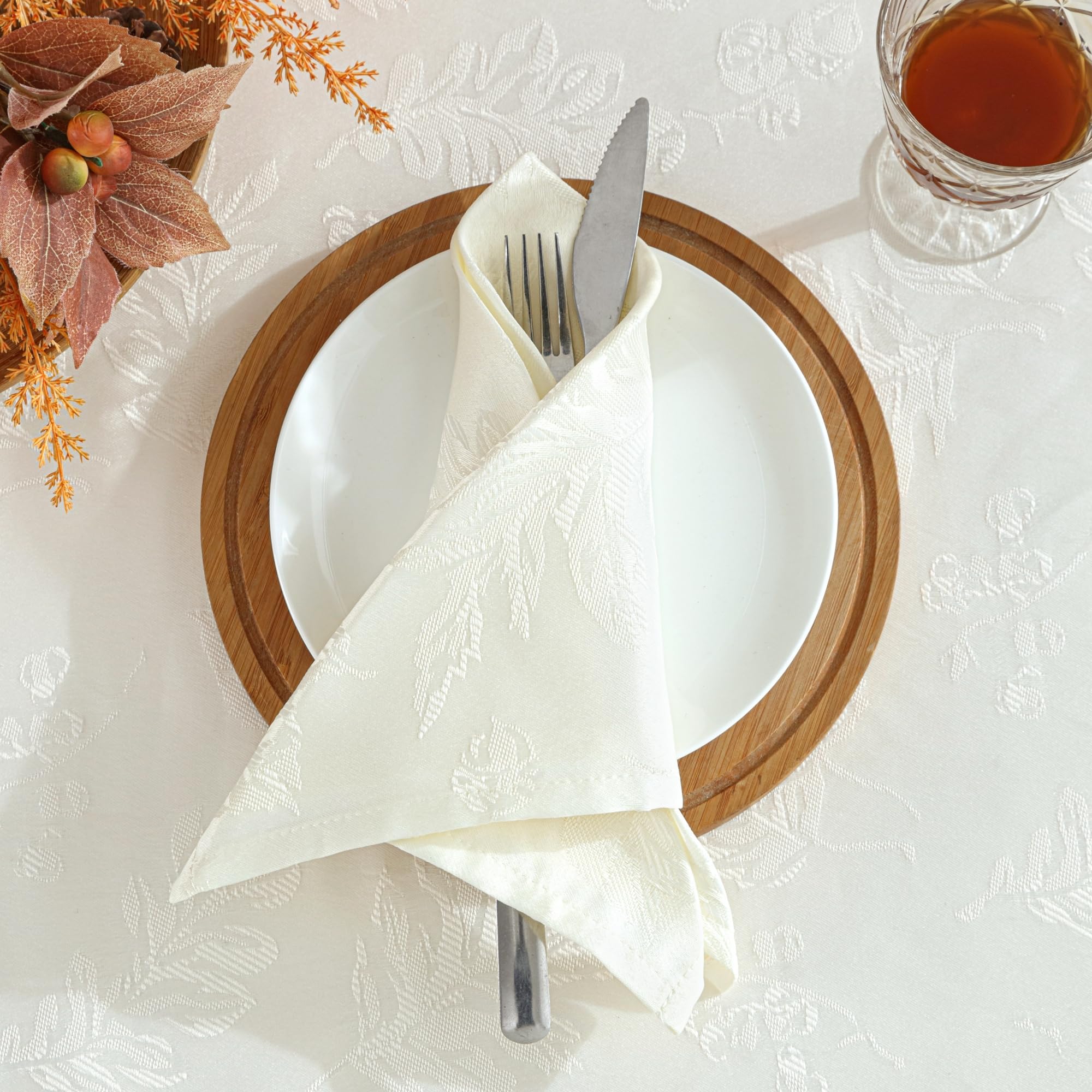 Elrene Home Fashions Elegant Woven Leaves Jacquard Damask Wrinkle Resistant Tablecloth, 60" x 84", Oval, Ivory - Image 4