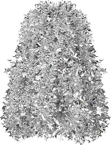 Guirnalda de oropel de Navidad plateada de 33 pies, guirnalda colgante trenzada metálica de Navidad con estrella para árbol de Navidad, chimenea,