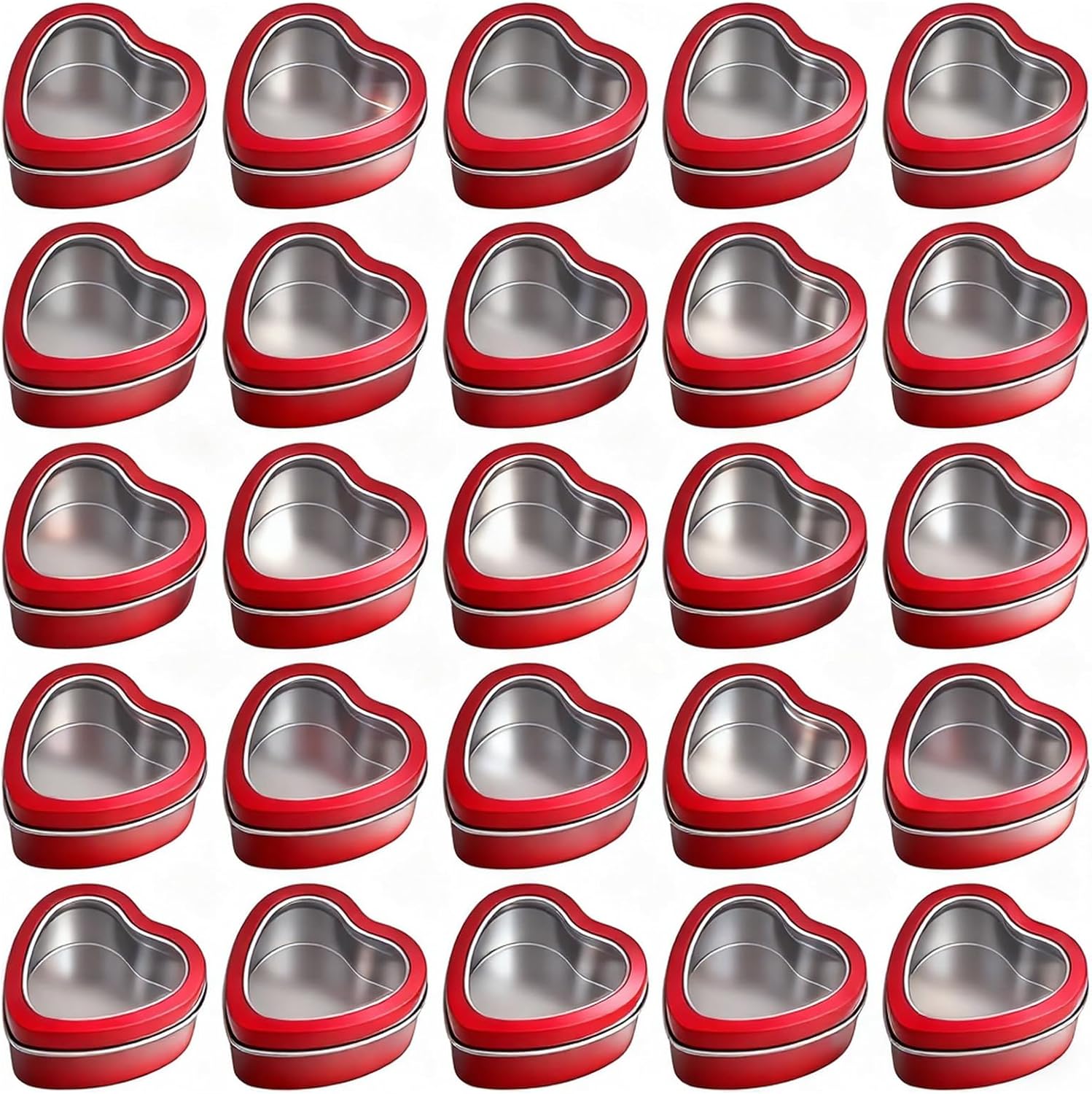 25-Pack 2oz Empty Heart Shaped Mini Metal Tins with Clear View Window Lids for Candle Making, Candies, Gifts & Treasures (Silver)