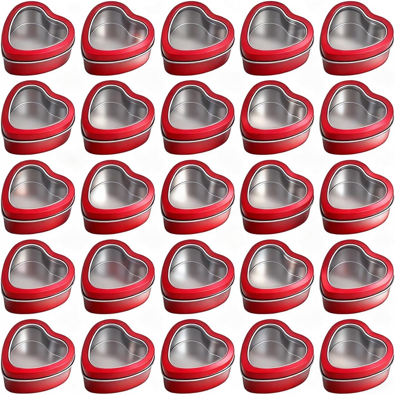 25-Pack 2oz Empty Heart Shaped Mini Metal Tins with Clear View Window Lids for Candle Making, Candies, Gifts & Treasures (Red)