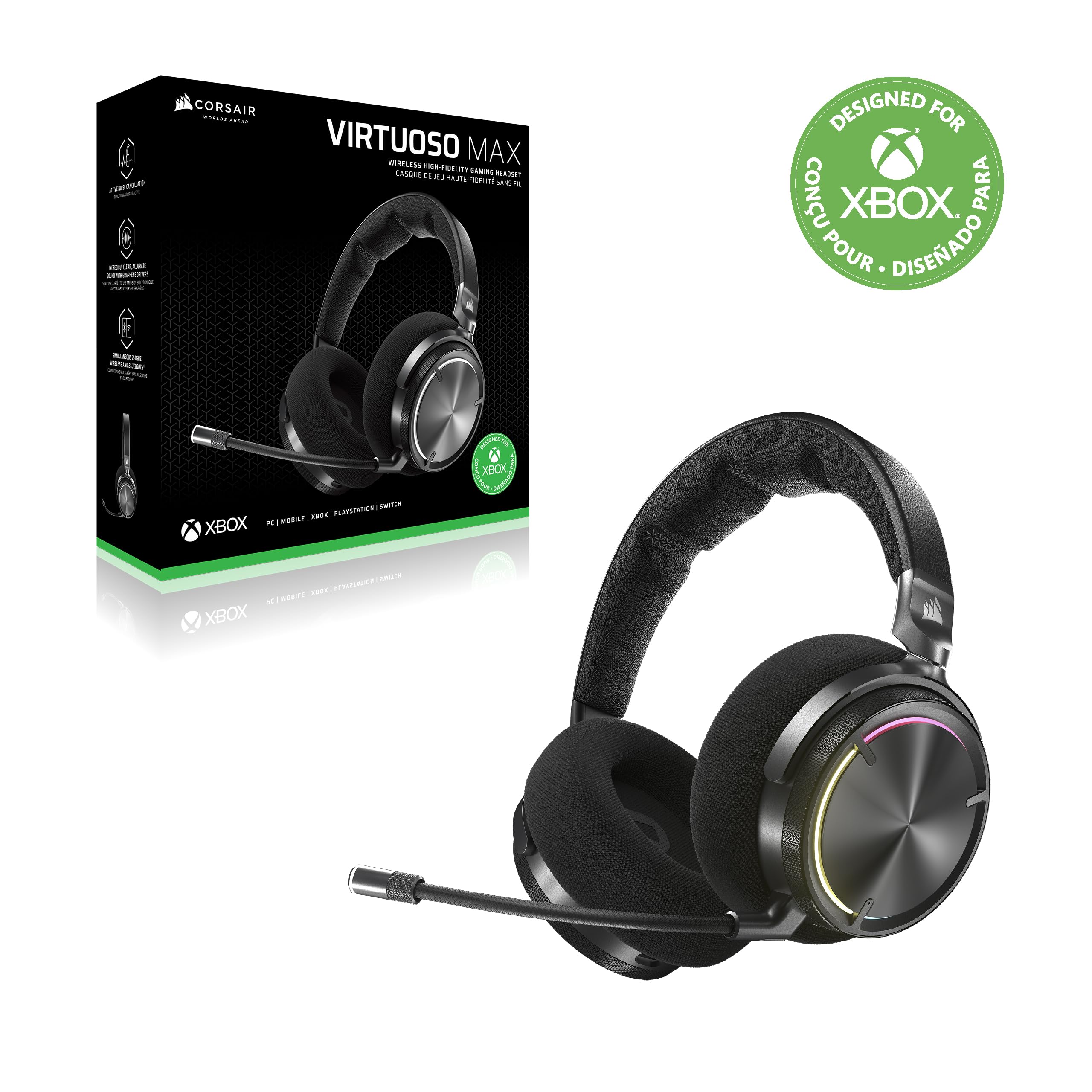 Corsair Virtuoso Max sans Fil pour Xbox Casque de Jeu – Carbone | Bluetooth, Dolby Atmos, L'annulation Active, Microphone Qualité Radiodiffusion, pour Xbox, PC, Mac
