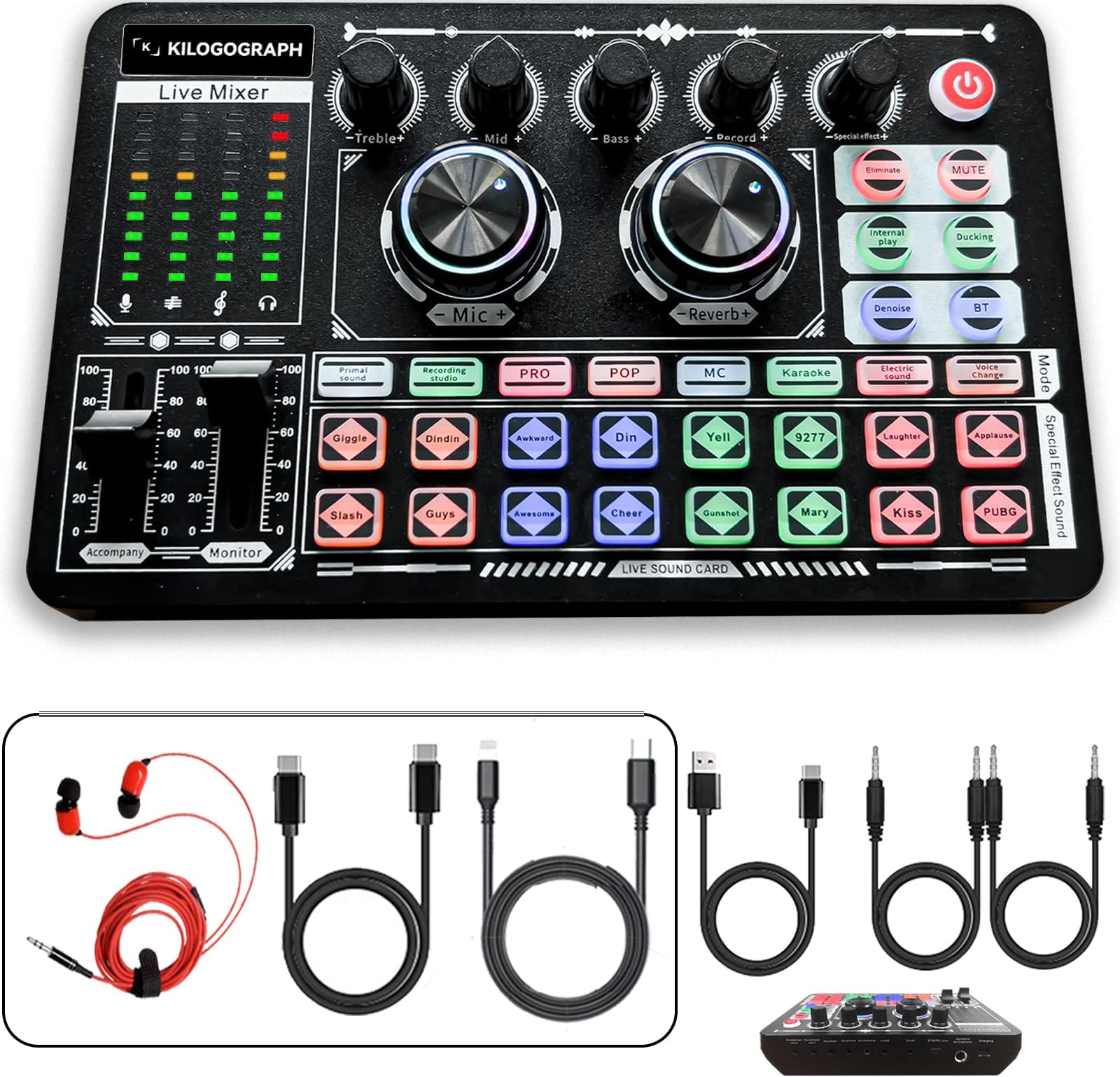 Podcast Sound Board - Music Sound Mixer with Effects, Audio Interface for PC Mac iPhone Android, Sound Card for Streaming Recording, DJ Mixer for Beginners (F999 Plus with More Cables)