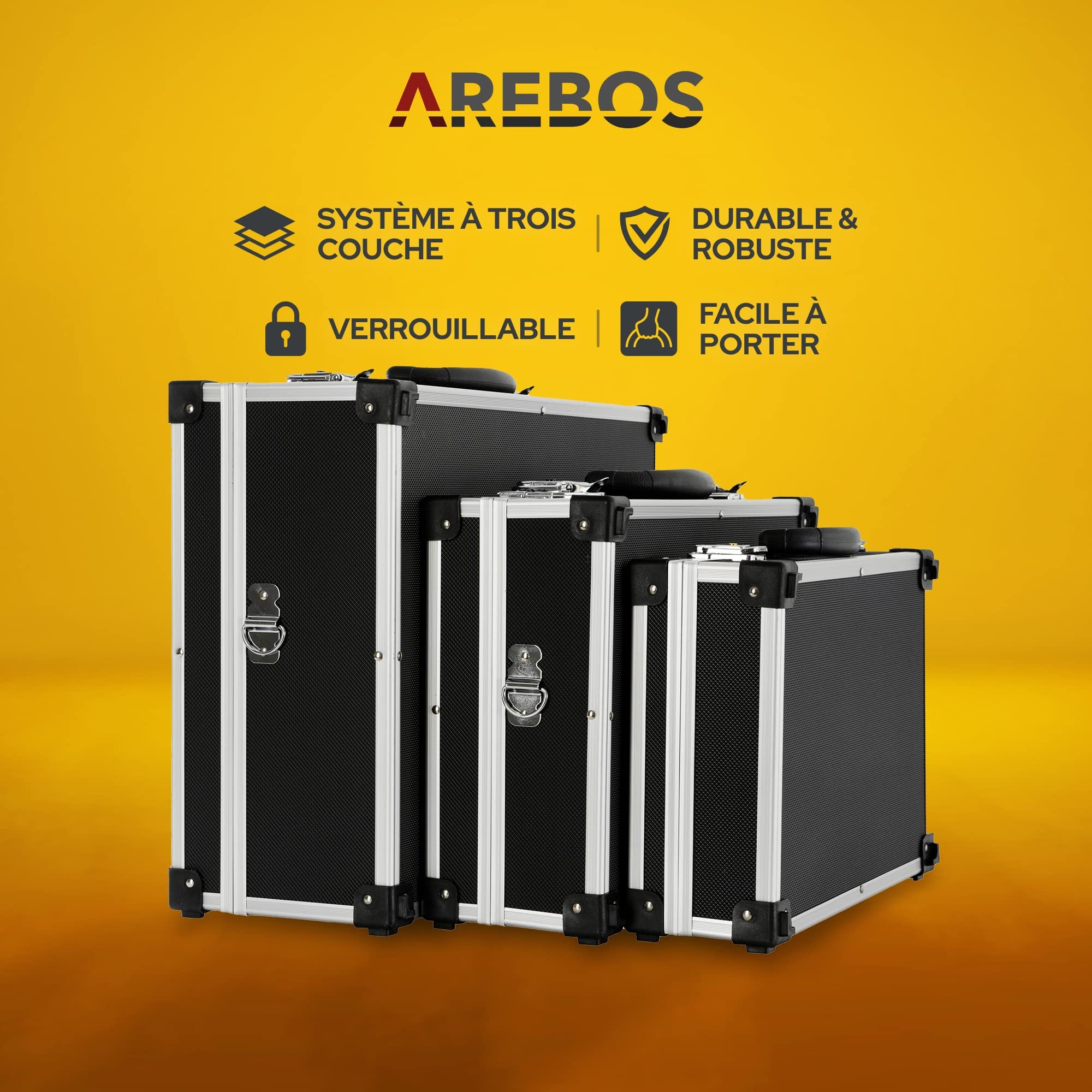 Arebos Lot de 3 valises de rigides | 50L volume total | verrouillable | boîte à outils | rangement | voyage | poignée télescopique