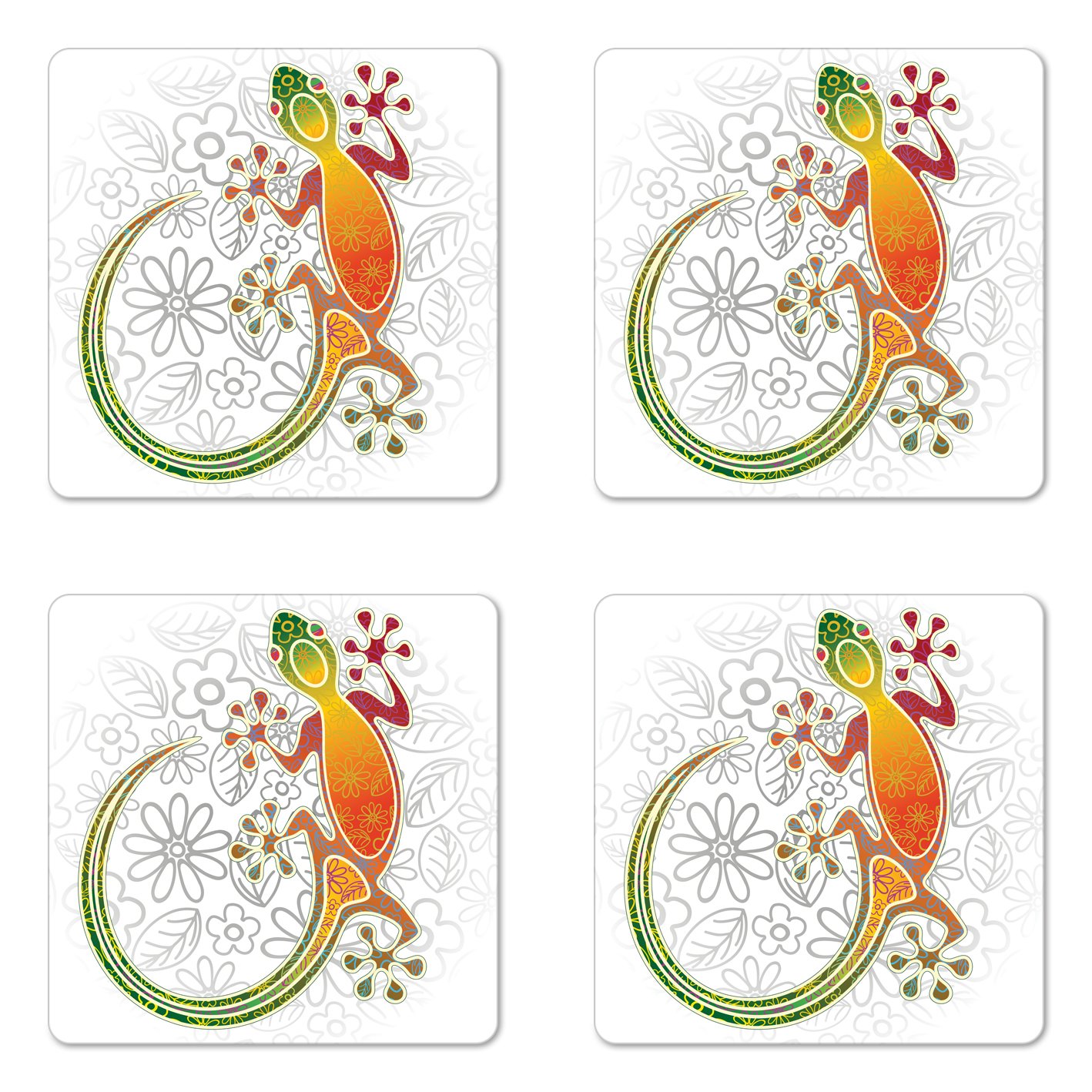 Ambesonne Batik Coaster Set of 4, Native Southeast Common House Gecko Moon Lizard Tropical Monster Graphic Design, Square Hardboard Gloss Coasters for Drinks, Standard Size, White Orange