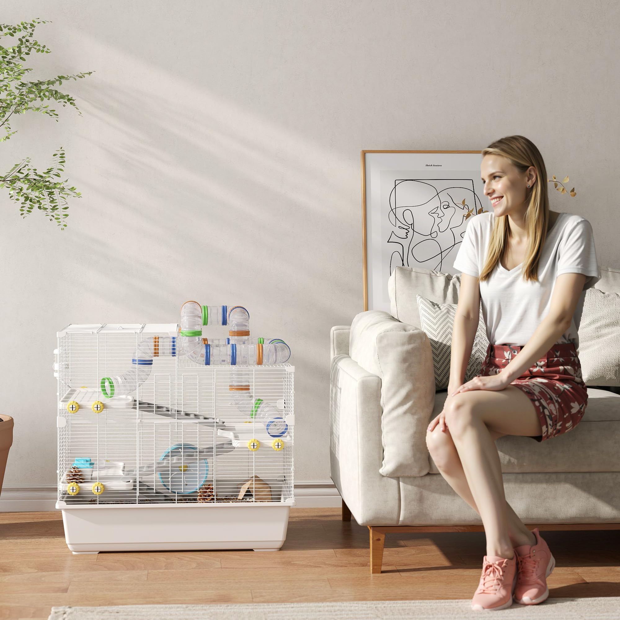 PawHut Gabbia per Criceti 78x45x73 cm 4 Livelli Ruota Silenziosa Bianco | con Tubi, 3 Porte, Vassoio, Gabbietta per Criceti, Metallo, PP e PS