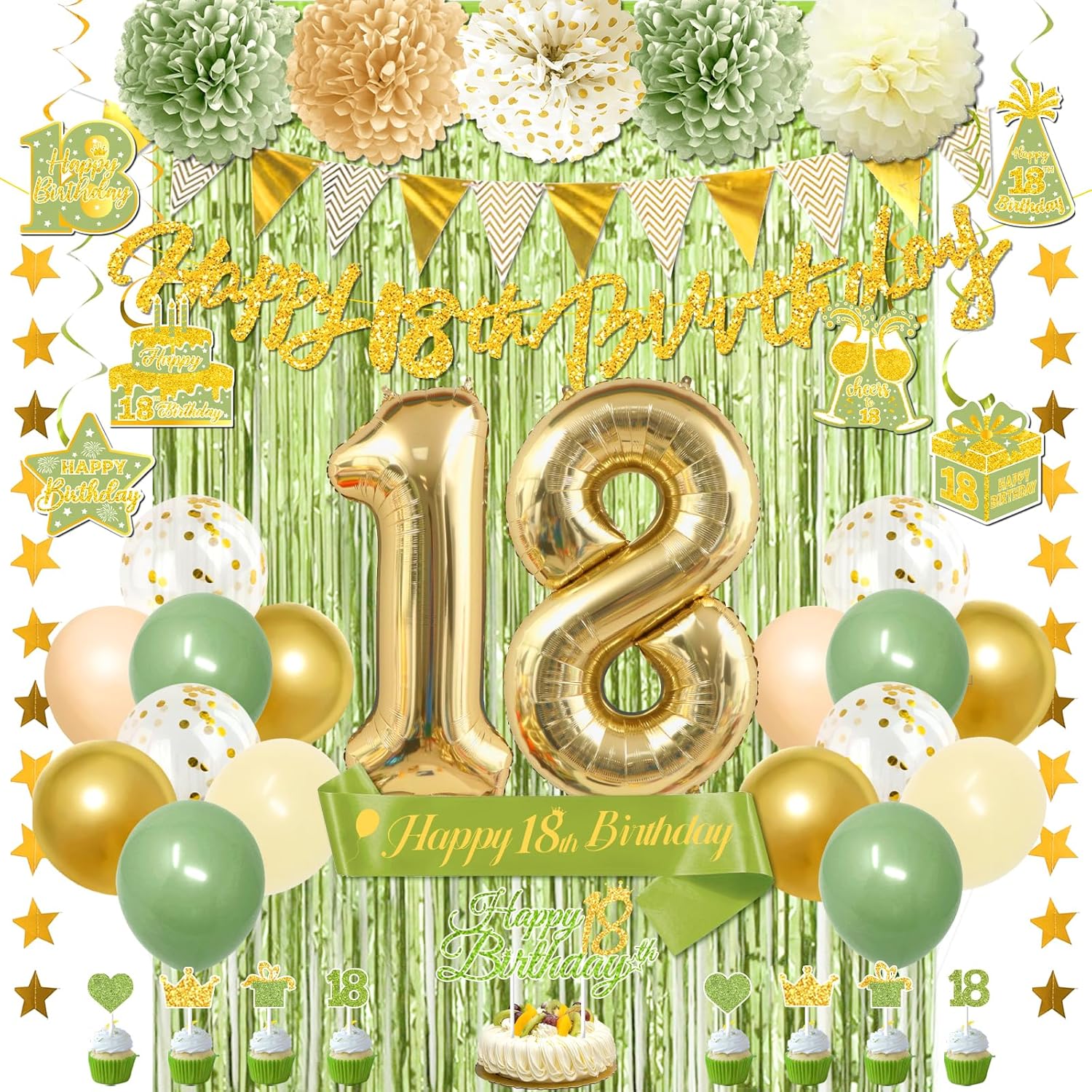 18th Birthday Decorations for Girls Boys, Sage Green 18th Birthday Decorations with Banner Balloons Sash Fringe Curtain Hanging Swirls for 18 Year Old Party Decoration