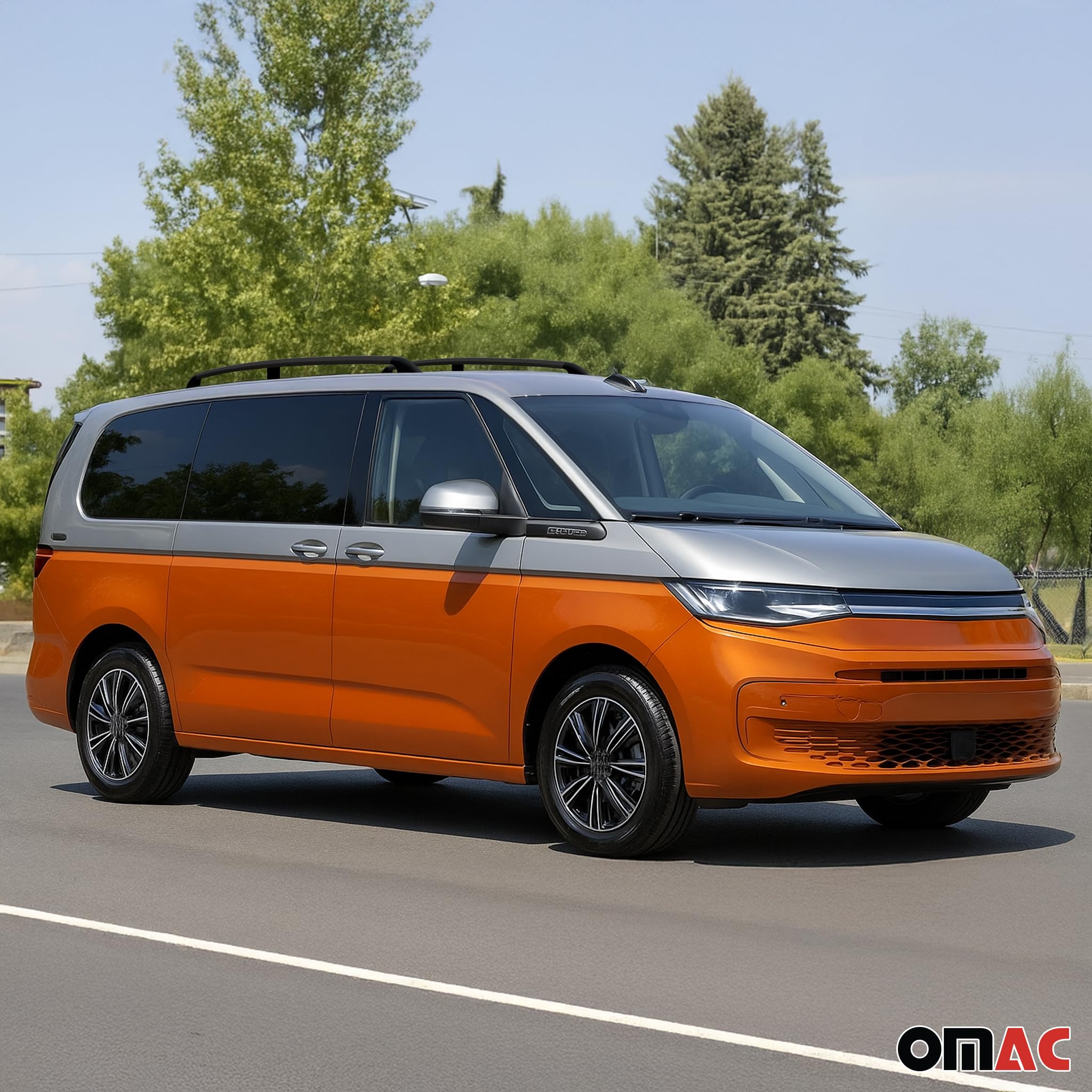 OMAC Dachreling Dachträger kompatibel mit VW Multivan T7 2021-2026 Langer L2 Alu Schwarz 2 TLG