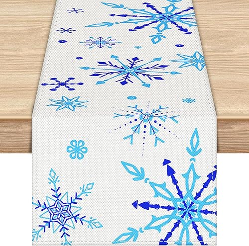 Labeol Camino de mesa de copo de nieve, 72 x 13 pulgadas, blanco y azul, camino de mesa de Navidad para fiesta de Navidad, cocina, decoración de