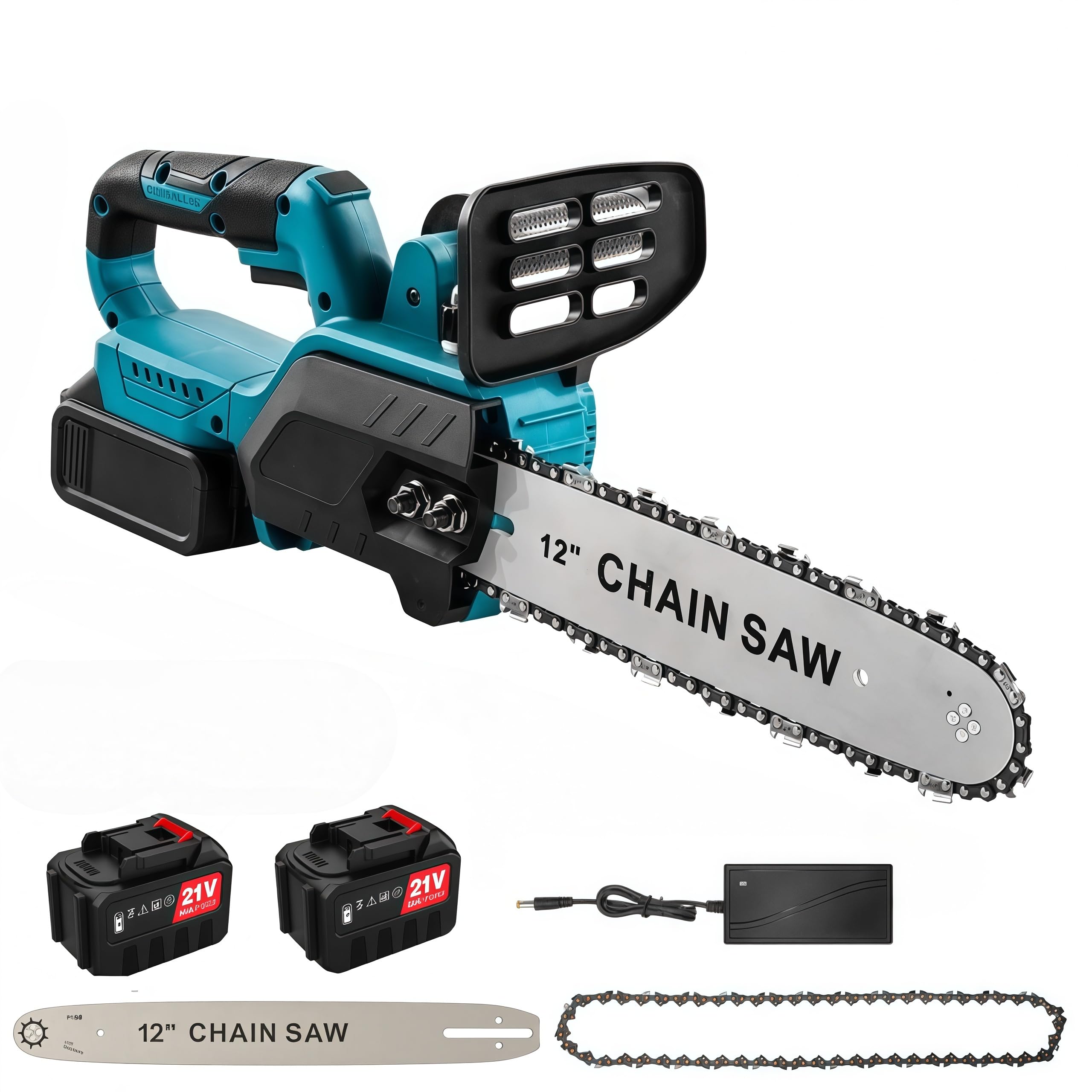 Motosierra Eléctrica 1500W,Motosierra Bateria de 12 Pulgadas con 2 Baterías, Longitud de la Barra de 30 Cm, Velocidad de la Cadena de 10 M/S, con Sistema de Lubricación,para Tala y Poda (Azul) (Azul)