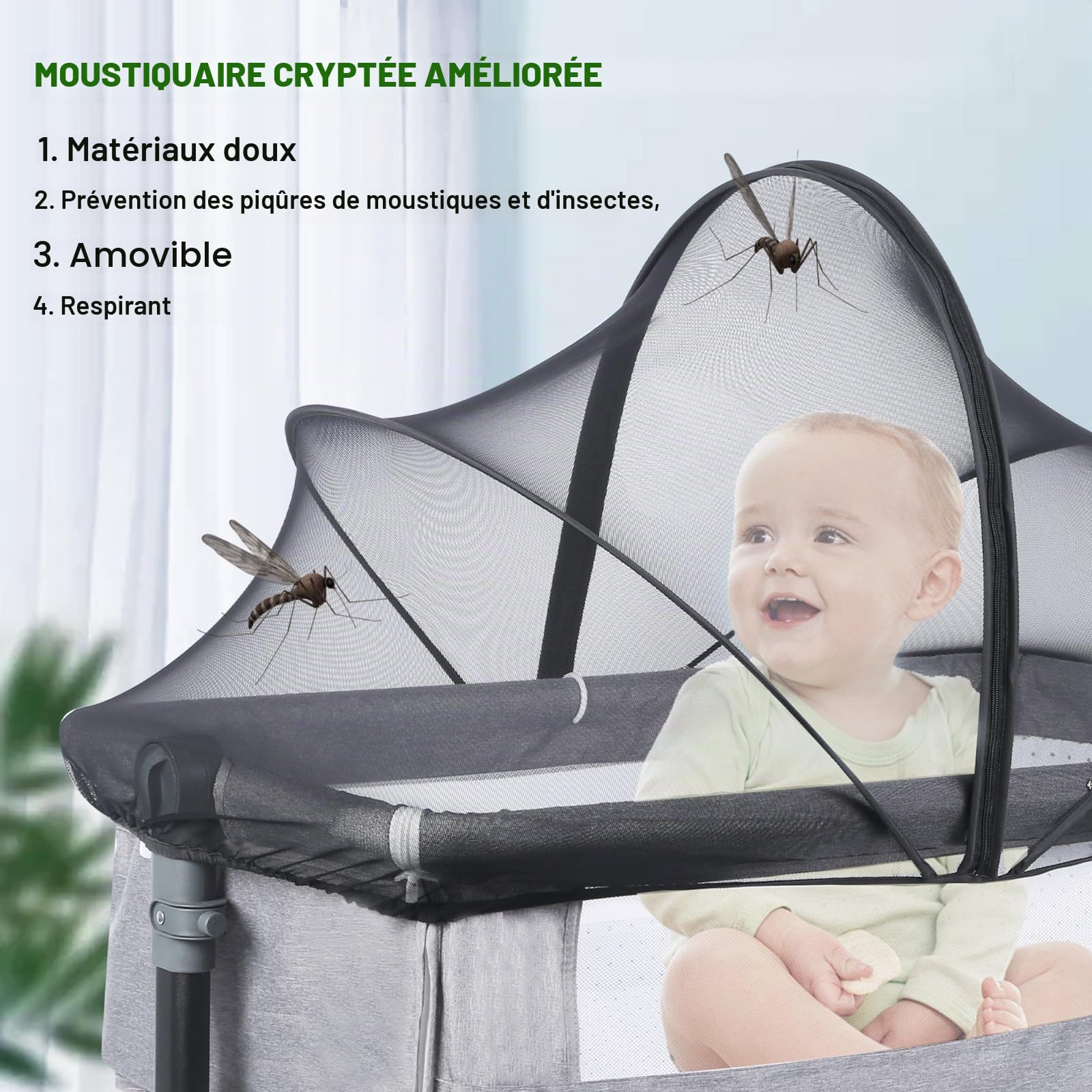 Moustiquaire universelle pour lit de voyage, pour lit d'enfant, avec fermeture éclair silencieuse pour lit, accès facile, installation rapide, filet anti-insectes à mailles fines