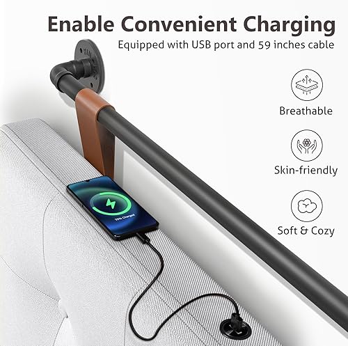 Miniatura 4 de Cabecera Queen para cama con tapicería de lino y cabecera tapizada con botones, puerto de carga USB, altura ajustable, cabecera colgante para