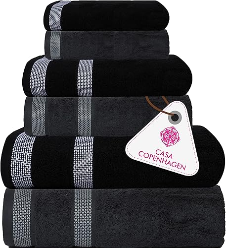 CASA COPENHAGEN Solitaire Mix - Juego de toallas de 6 piezas, color gris a rayas y negro, 21.16 ozm, 2 toallas de baño, 2 toallas de mano, 2 toallas