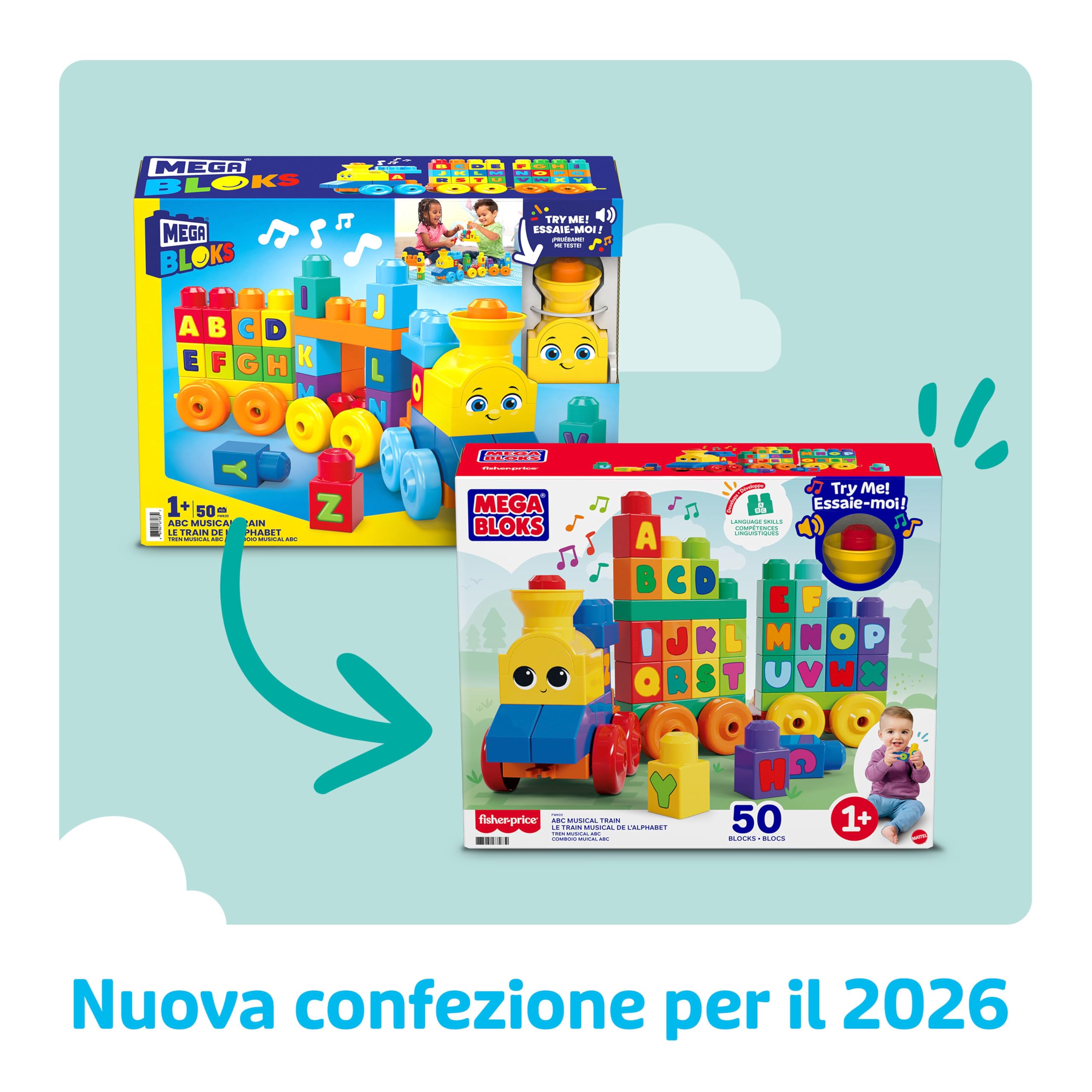 MEGA Bloks - Impara con il treno, trenino con blocchi dell'alfabeto per imparare le lettere e suoni realistici, Giocattolo per Bambini 1+ Anni, FWK22
