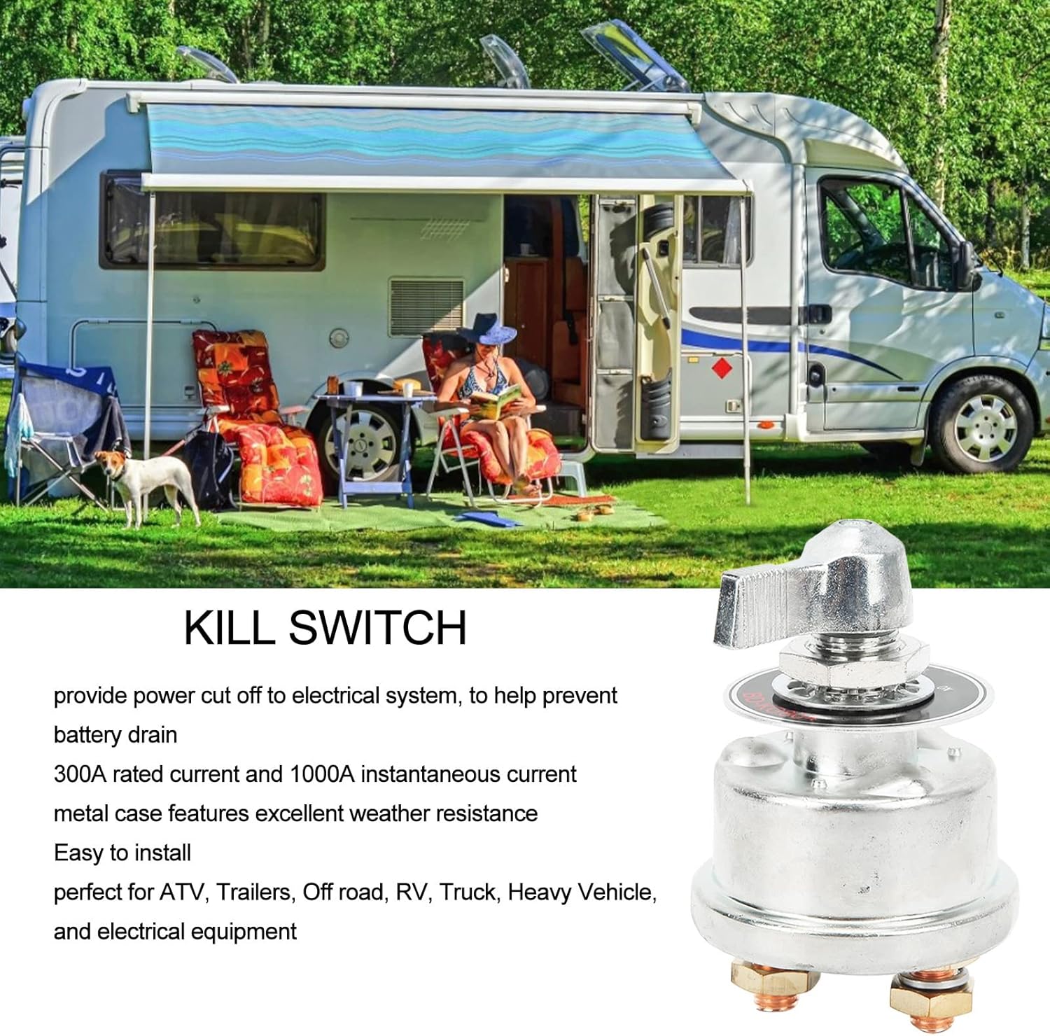 Battery Disconnect Switch 300A Rated Current Weatherproof Strong Metal Housing KillSwitch for Car Boat RV Truck Heavy Vehicle and Electrical Equipment