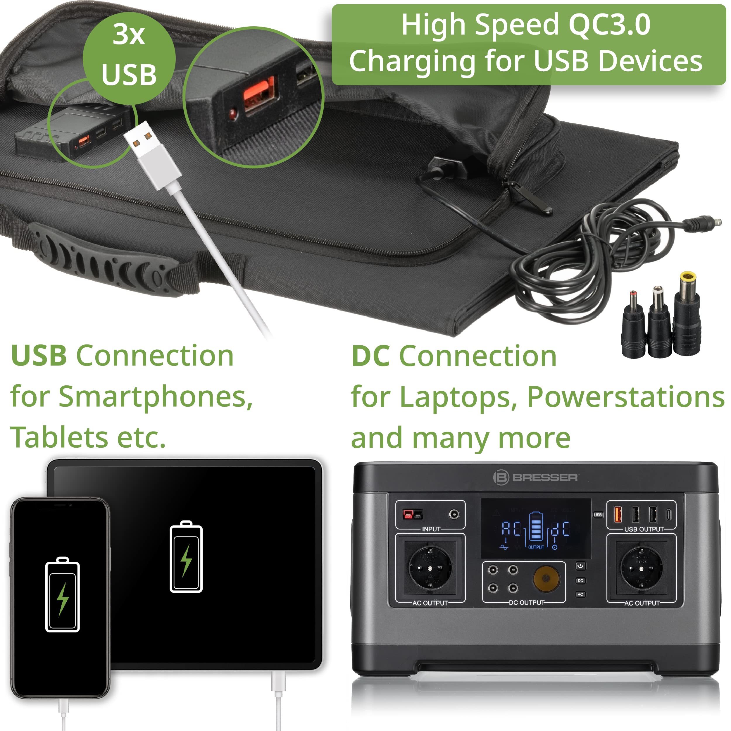 Bresser Solar Ladegerät 90W mit 1x DC- und 3x USB-A-Anschlüssen inkl. USB-A-Buchse mit QC3.0 zur Schnellladung, Solar-Panel als Ladegerät für Smartphones, Power-Stations etc.