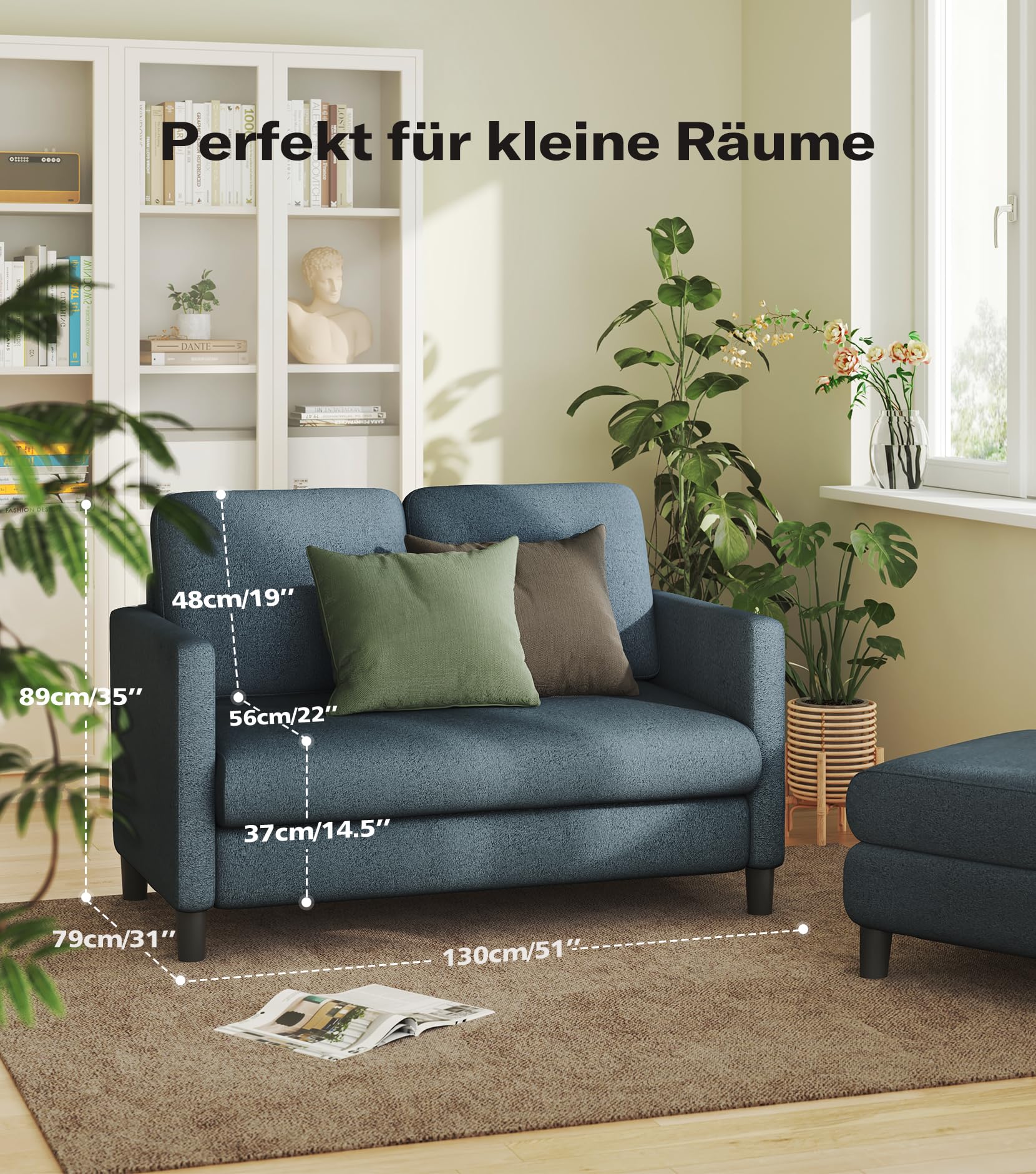 Sofa 2 Sitzer Klein, 130cm Mini Couch Klein, Gemütliches kleines Sofa für Jugendzimmer, Werkzeugfreies Aufstellen von Minisofa, 2er Sofas und Couchs aus Vollholz, Kleine Sofas Wohnzimmer, Blau Grau