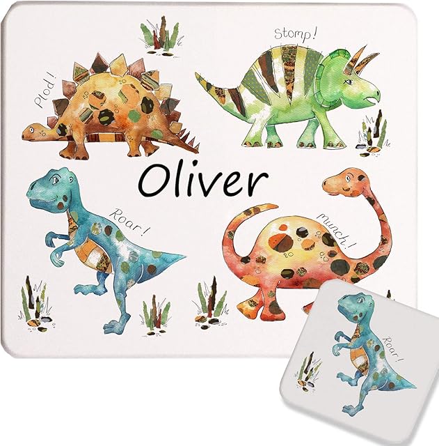tigerlilyprints Children's Personalised Placemat and Coaster Set, Dinosaur Table Mat, Hard Wood Mat