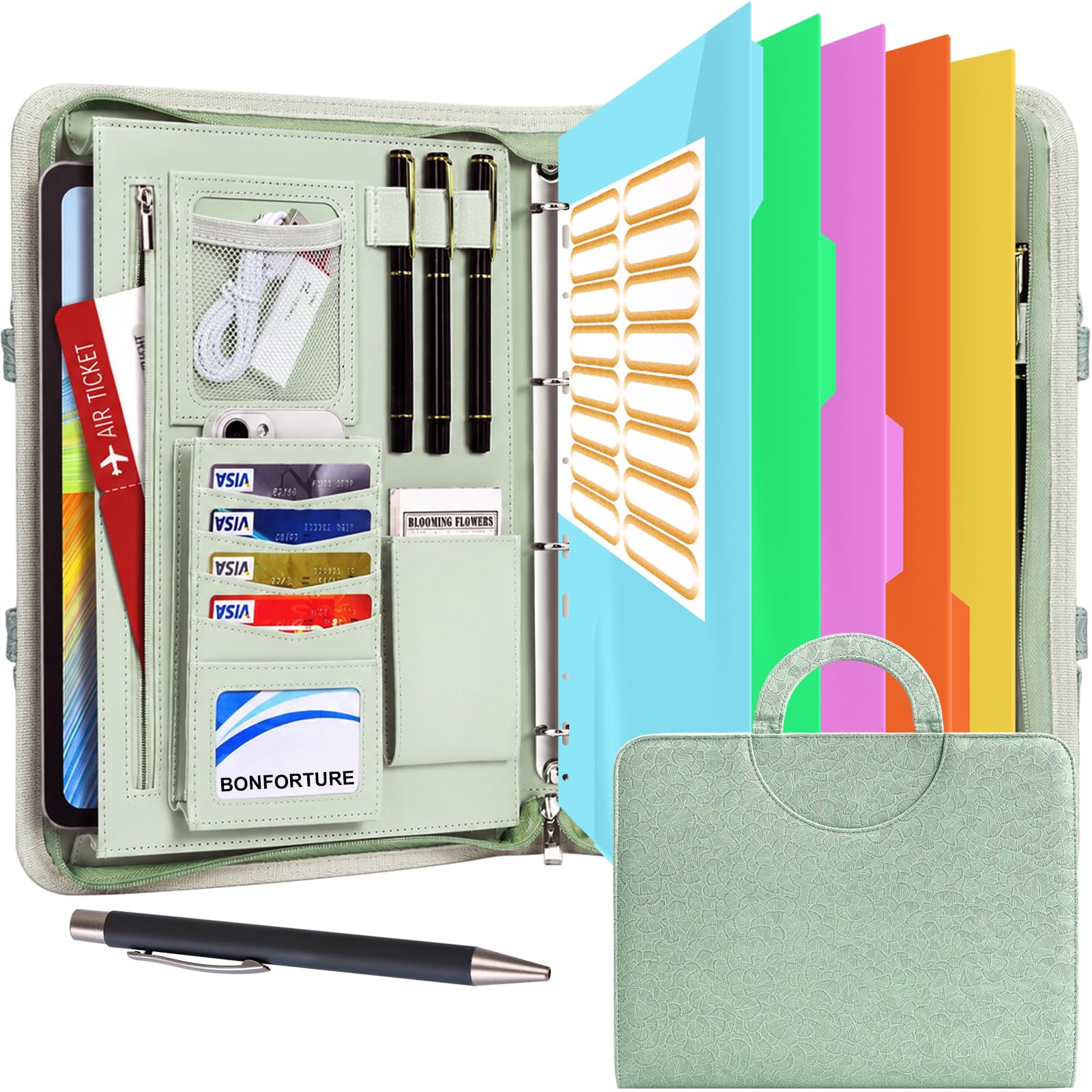 BONFORTURE Portfolio Folder A4 with Magnetic Handle, Vegan Leather Zipper Conference Folder 4-Ring, Multi-Pockets Document Holder for Work Travel Business School Office,Teal