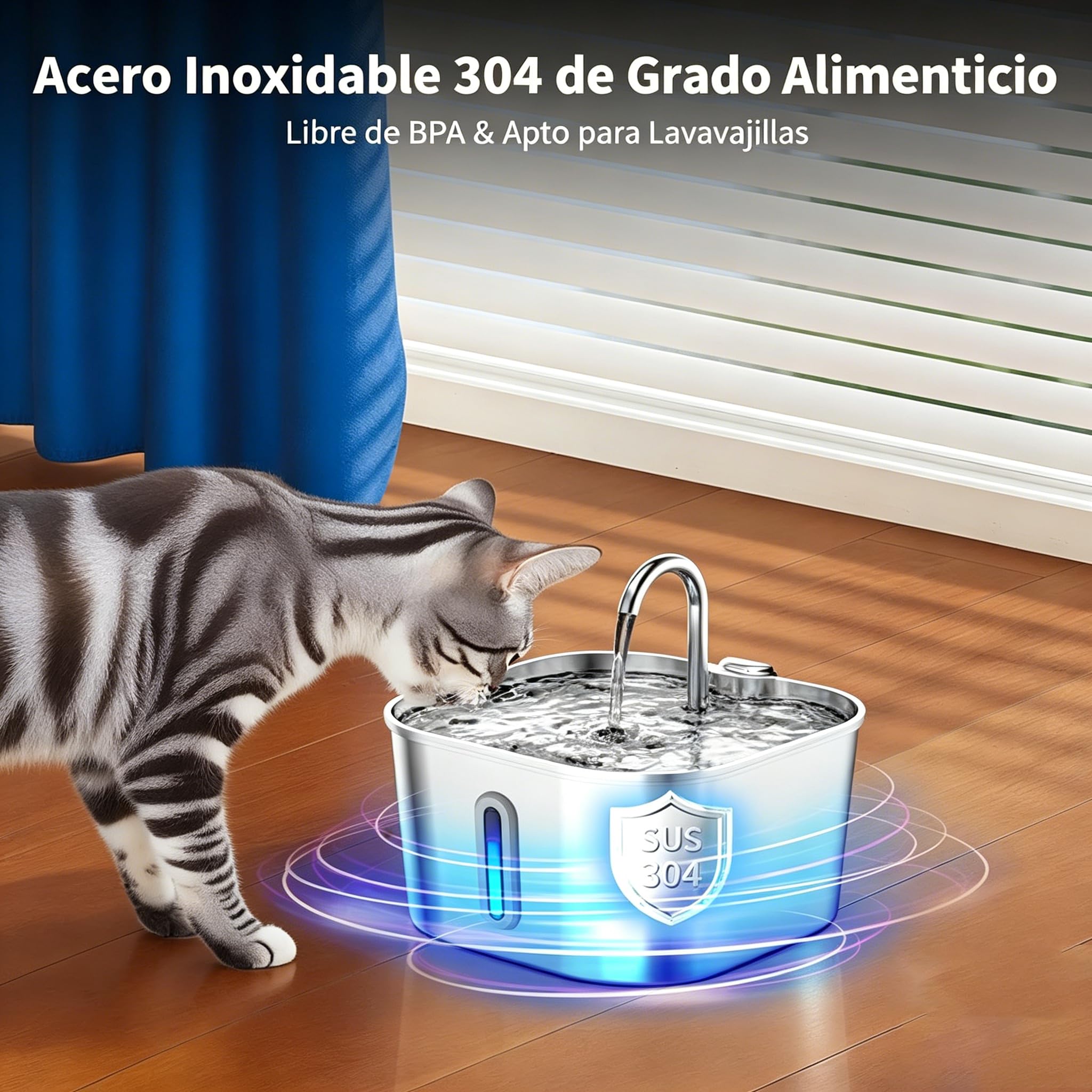 Catvitalis Fuente de Agua Gatos, Bebedero para Gatos de Acero Inoxidable 304 con Filtración Triple y Flujo Atractivo para Prevenir Deshidratación