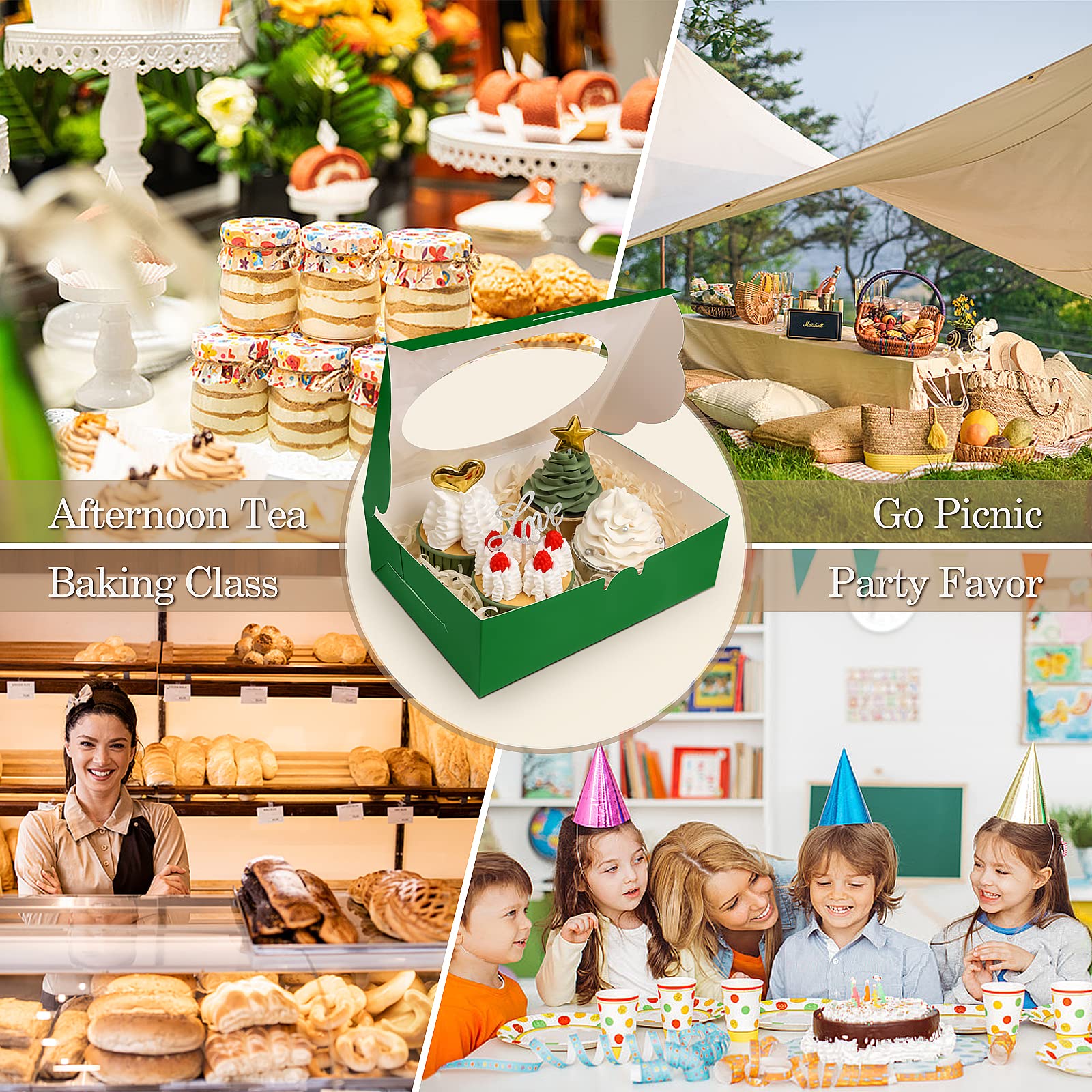 KPOSIYA 65 cajas de galletas de 8 x 6 x 2.5 pulgadas con ventana, cajas de panadería verdes para regalo, golosinas, postres, cupcakes, chocolate, fresas, donas, magdalenas (5 ventanas de estilo)