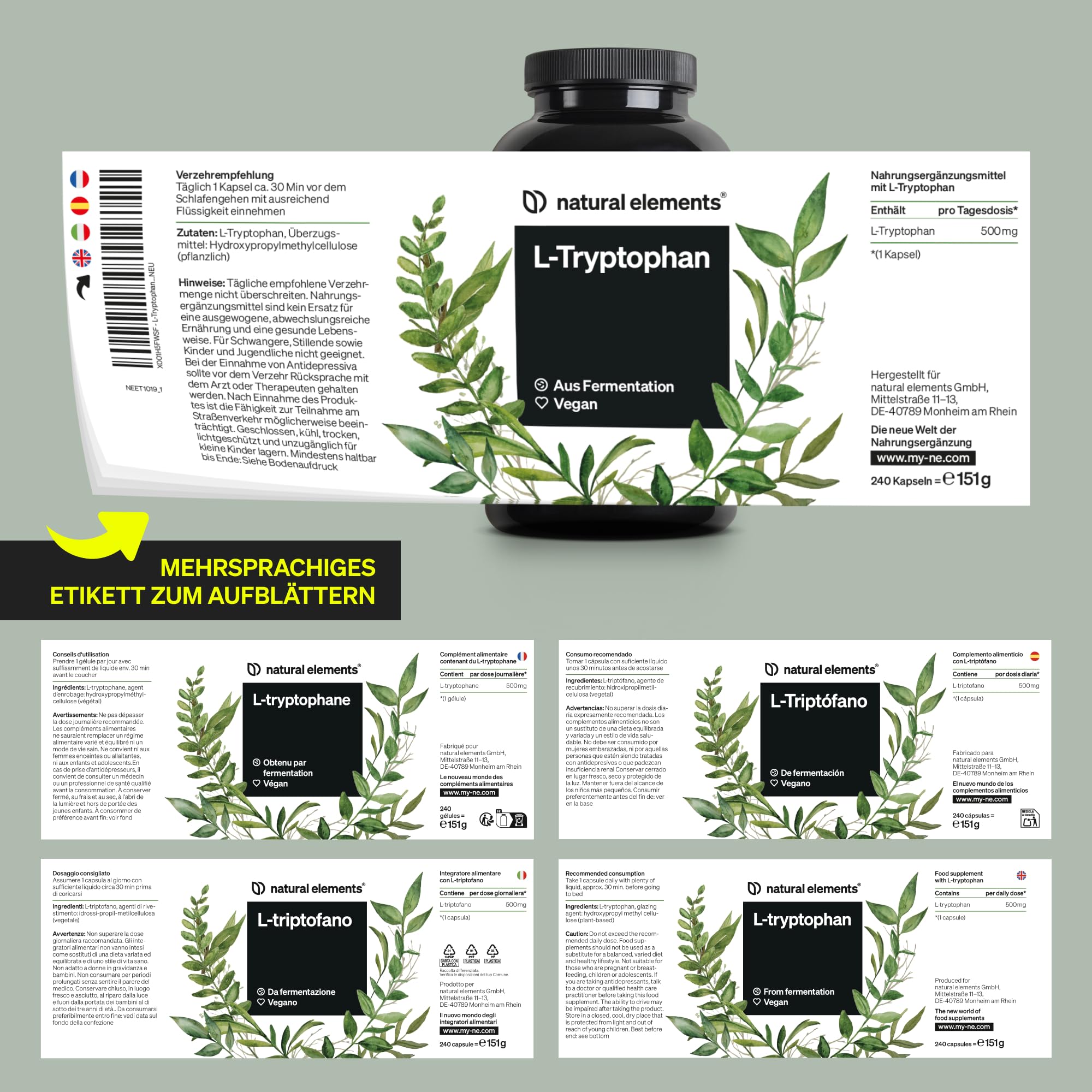 natural elements L-Tryptophan - hochdosiert mit 500mg je Kapsel - 240 vegane Kapseln - 8 Monate Reichweite - Aus pflanzlicher Fermentation - Laborgeprüft, ohne unerwünschte Zusätze, vegan
