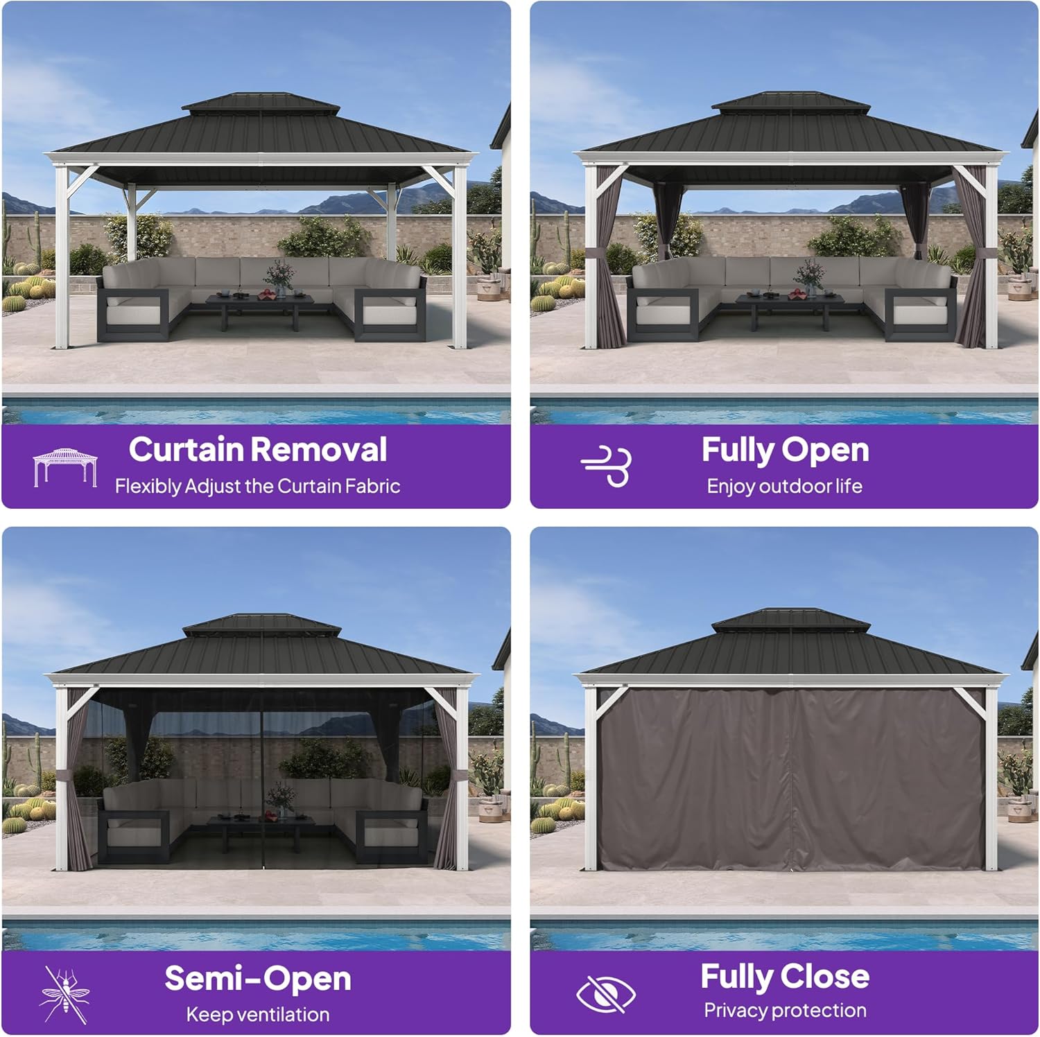 Gazebo with curtains in various configurations: open, semi-open with mesh, and fully closed