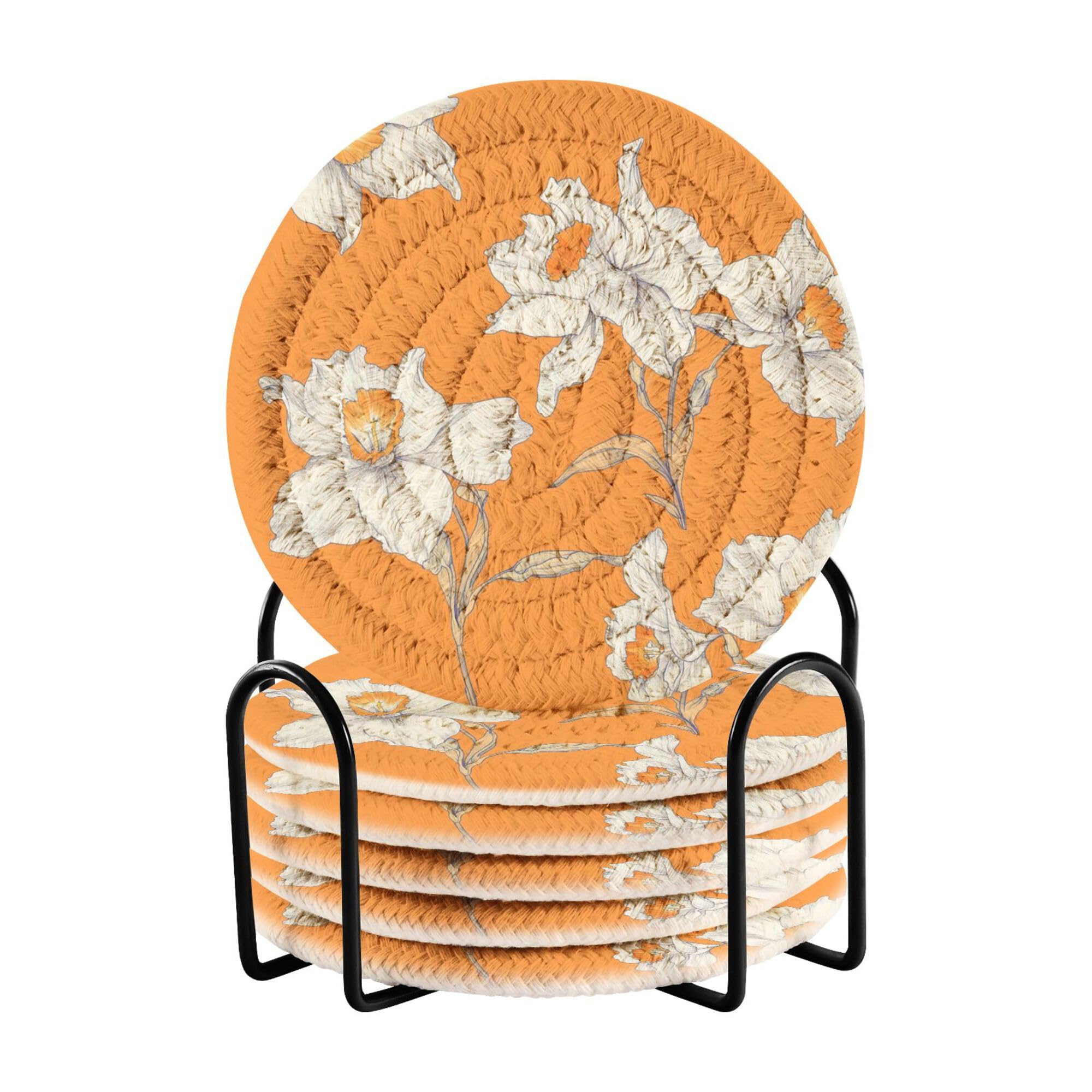 Nature Narcissus Orange Cotton Rope Drink Coasters and Holder Set of 6 Coffee Table Coasters