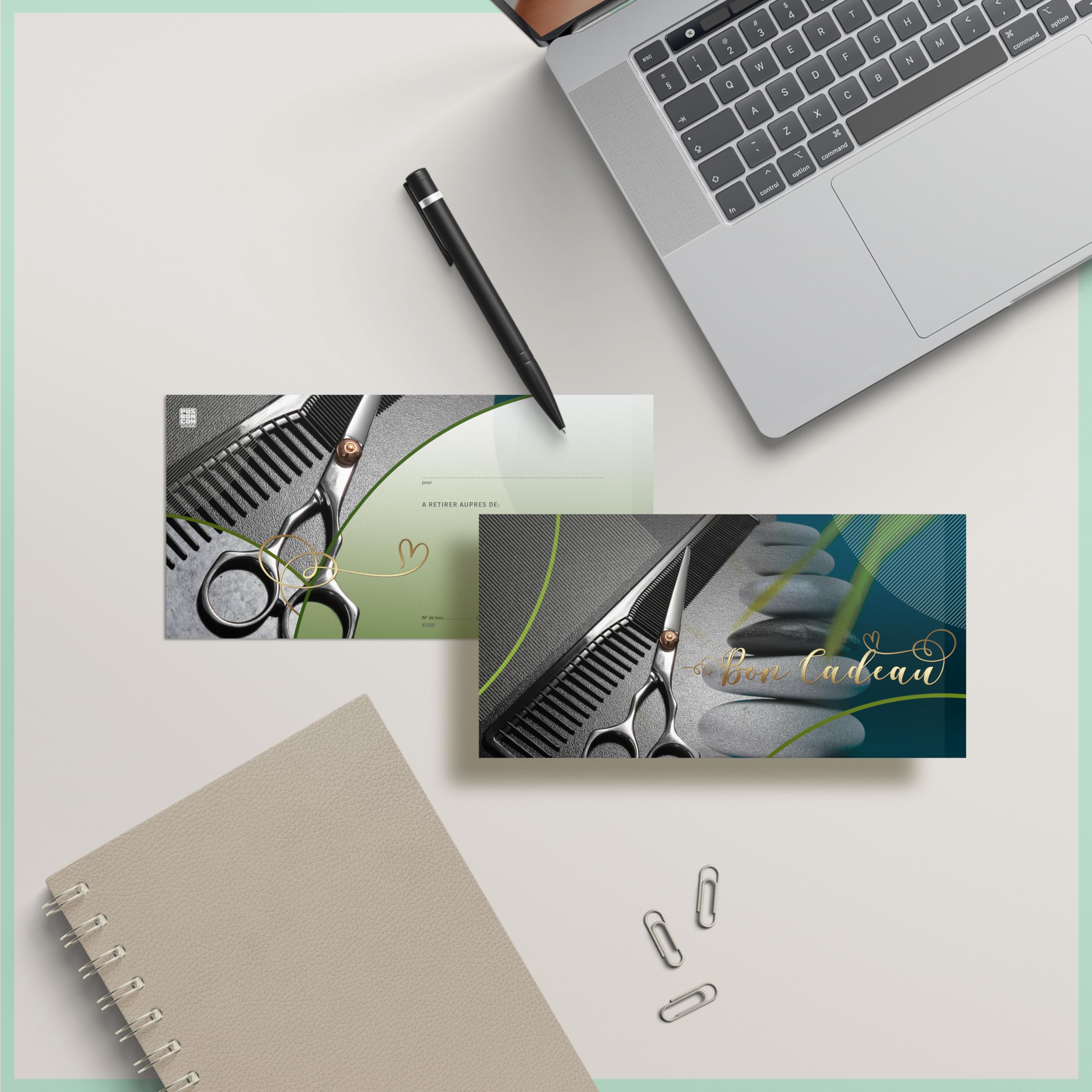 POS BON - 100 bons cadeaux à remplir avec enveloppe/nœud ruban - formulaires imprimés pour des salons de coiffure K9208F-2-100