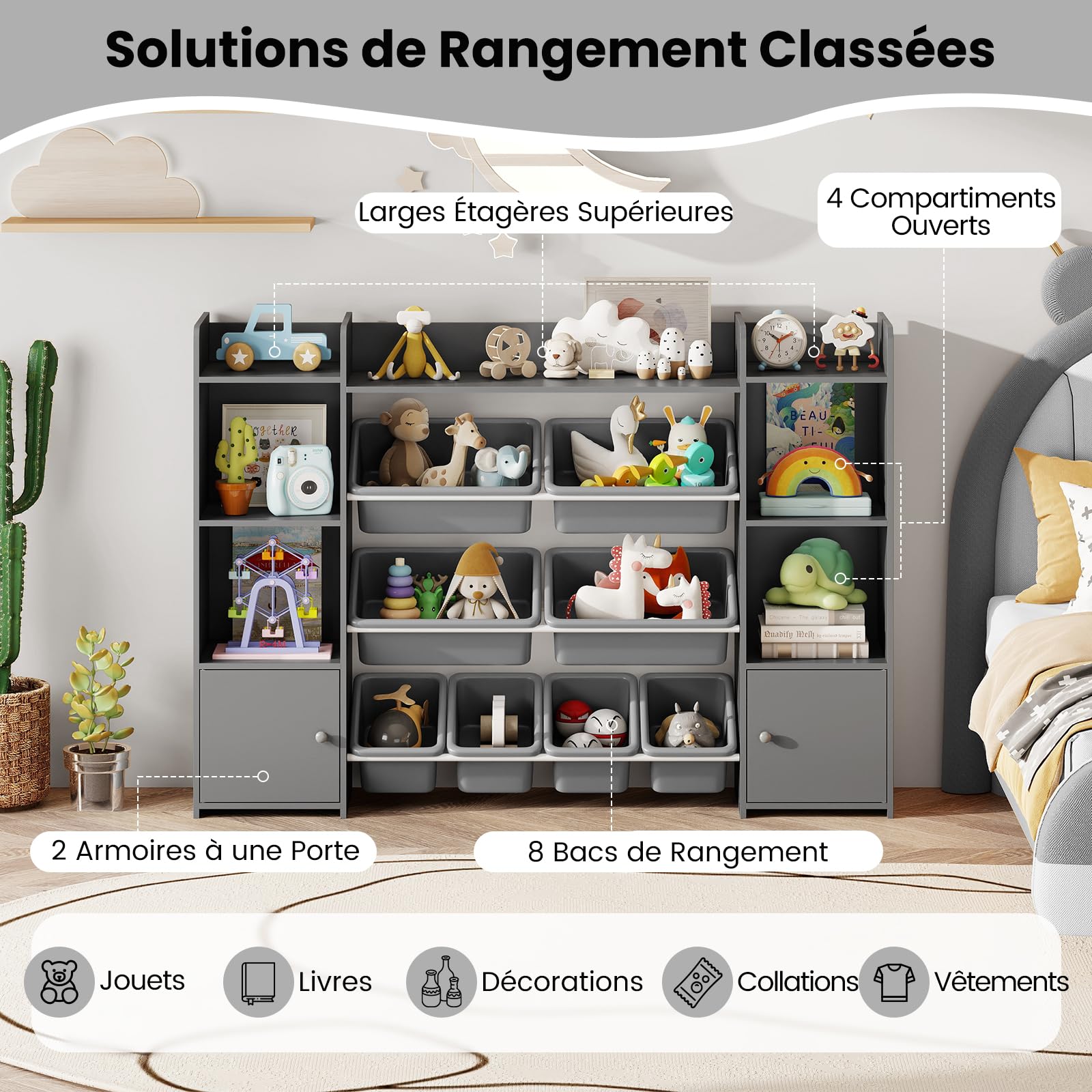 GOPLUS Meuble Rangement Jouets Enfant, Étagère à 4 Niveaux avec 6 Compartiments et 8 Bacs Amovibles, Bibliotheque Enfant pour Chambre Salon Salle de Jeu, 142x30x100cm (Gris)