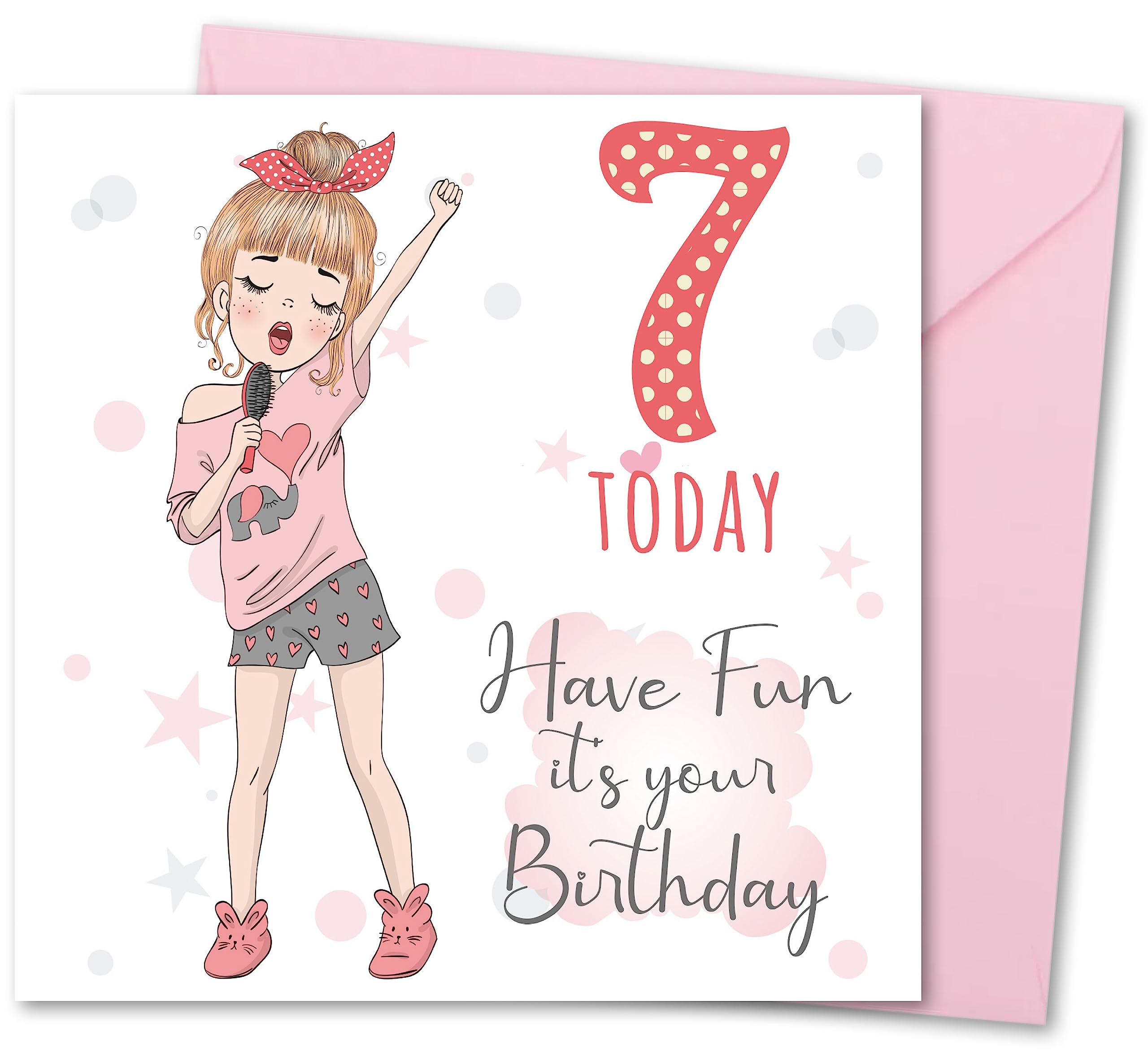 Birthday Card for Girl Age 7. Girl Birthday Card with Matching Envelope. Singing Girl design. Card size 148x148mm. Eco-friendly. Message inside. Printed and Packed in UK.