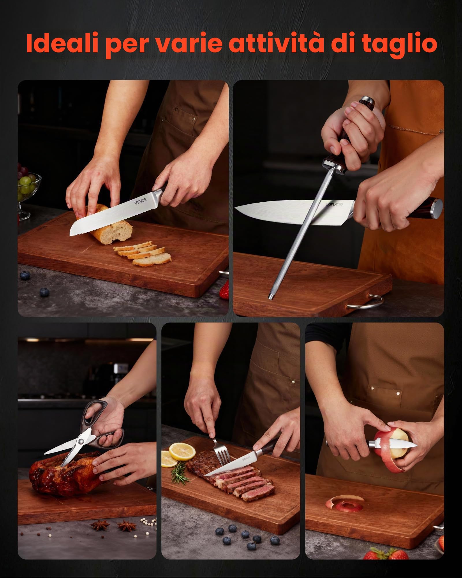 VEVOR Set Coltelli da Cucina con Ceppo e Acciaino Universale da 15 Pezzi, Coltelli Affilati in Acciaio Inossidabile ad Alto Tenore di Carbonio, Coltello da Cucina con Impugnatura Ergonomica