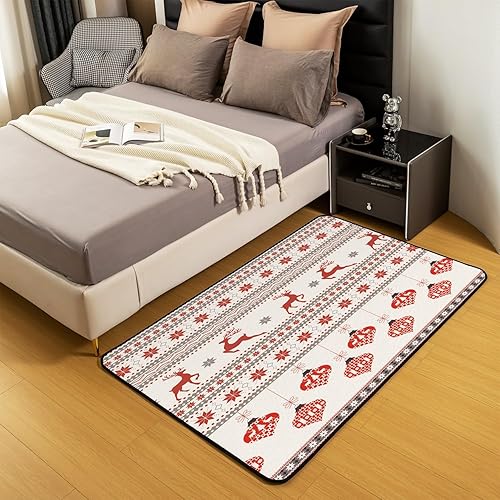 Miniatura 4 de Alfombra navideña de alce de 5 x 7 pies, para niños, diseño de copos de nieve, decoración de habitación con diseño de rayas para mujeres, hombres,