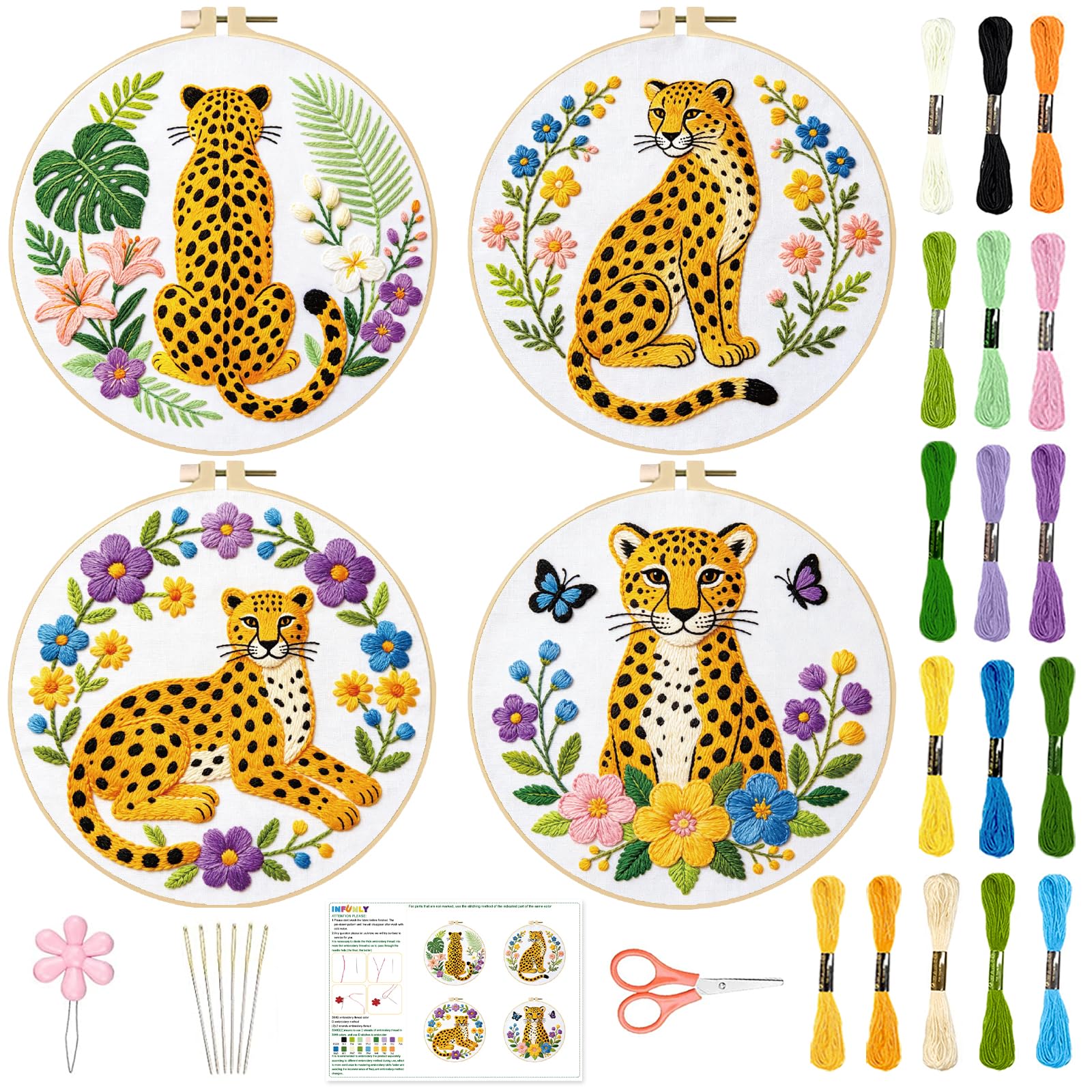 INFUNLY 4Pcs Floral Leopard Embroidery Kit 12 Inch Pre-Printed Jungle Cheetah Needlework Set with Floss Hoop for Boho Wildlife Wall Decor Jungle Animal Lovers Gift