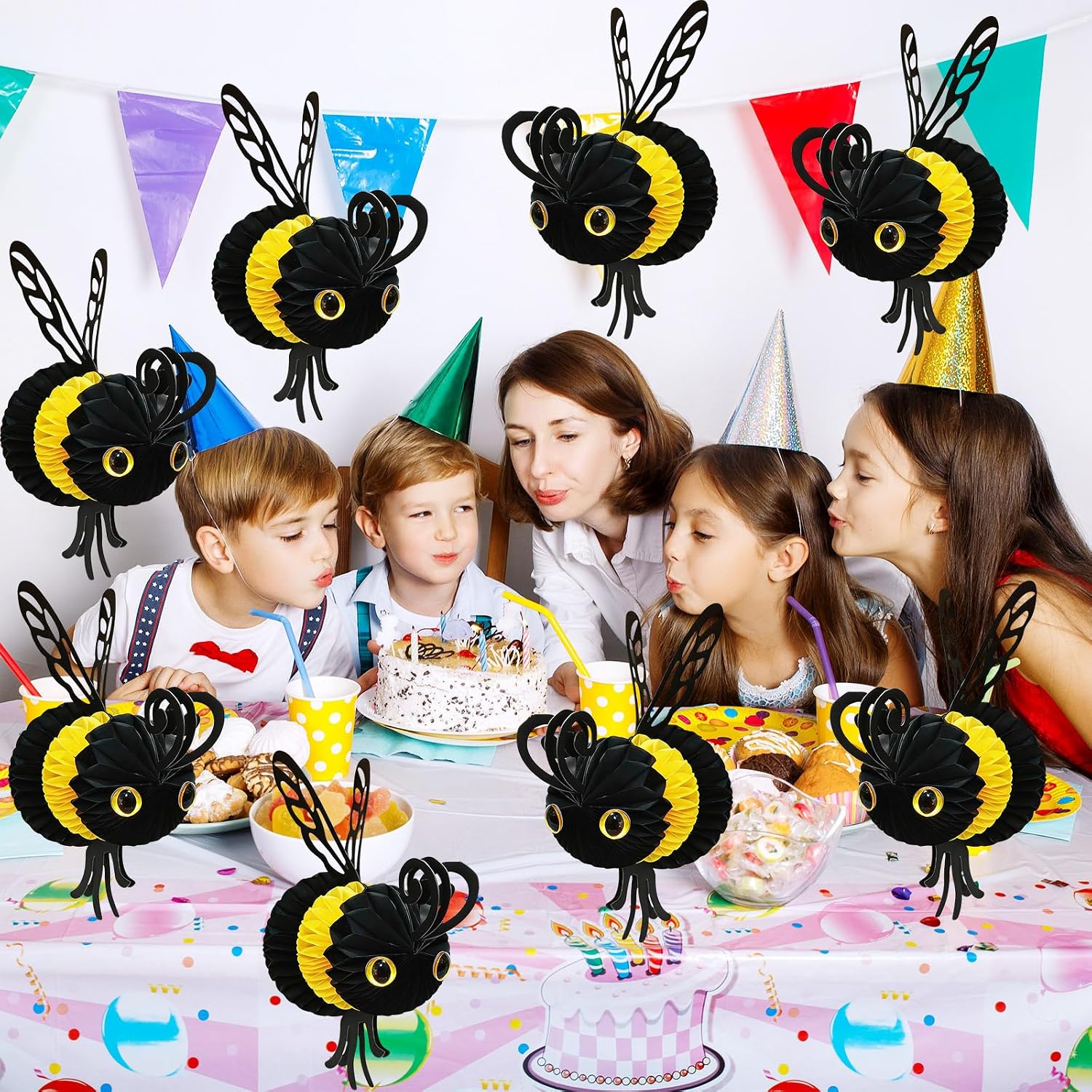 KMNBVGTH 12 Pcs Bee Party Decorations, Tissue Bee Honeycomb Hanging Decor & Table Centerpieces for Baby Shower Gender Reveal Birthday Party Supplies