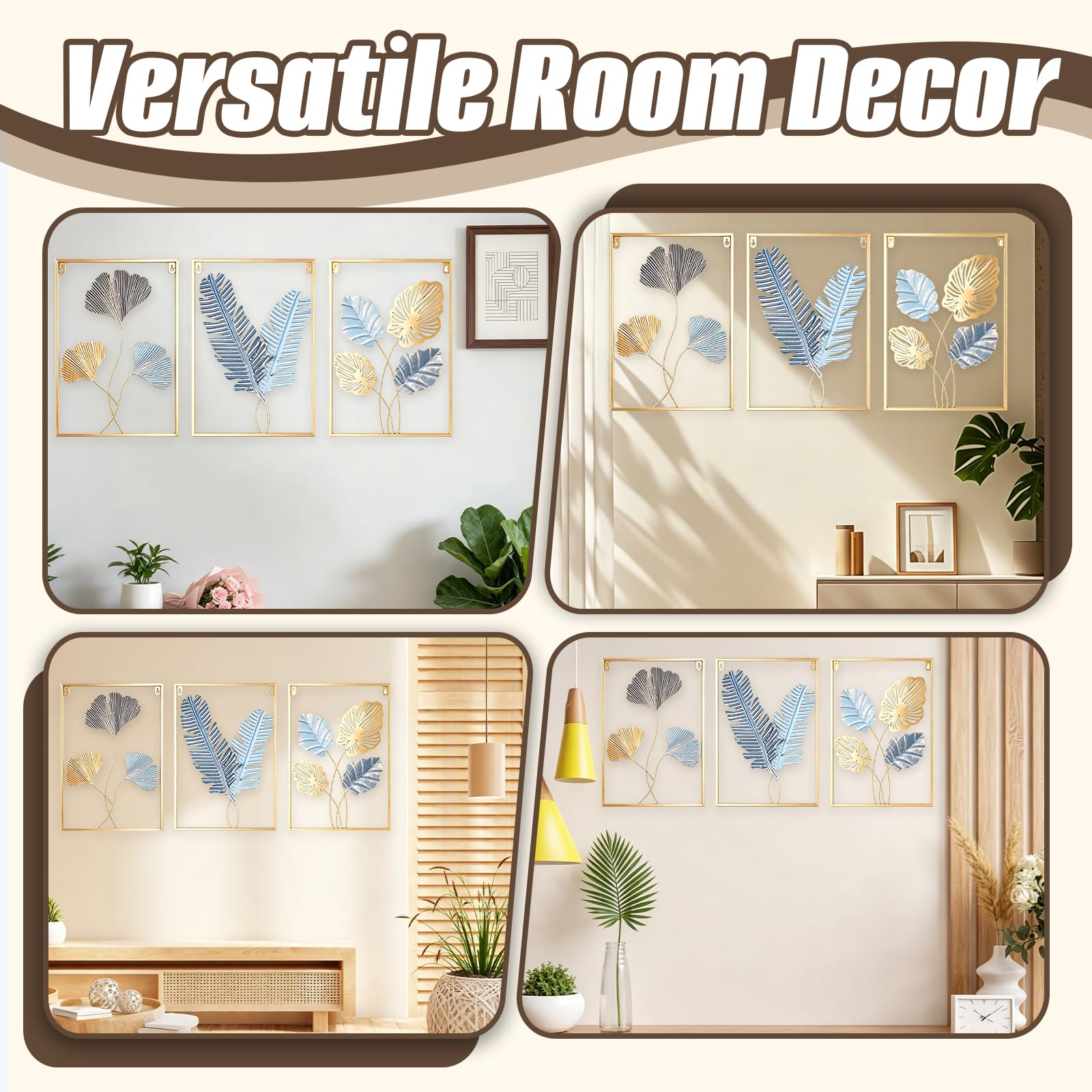 TECKZOON Set di 3 quadri da parete in metallo, 43 x 30 cm, con cornice dorata, decorazione da parete moderna per camera da letto, cucina e ufficio (oro/blu, ginkgo, ocra e foglie di banano)