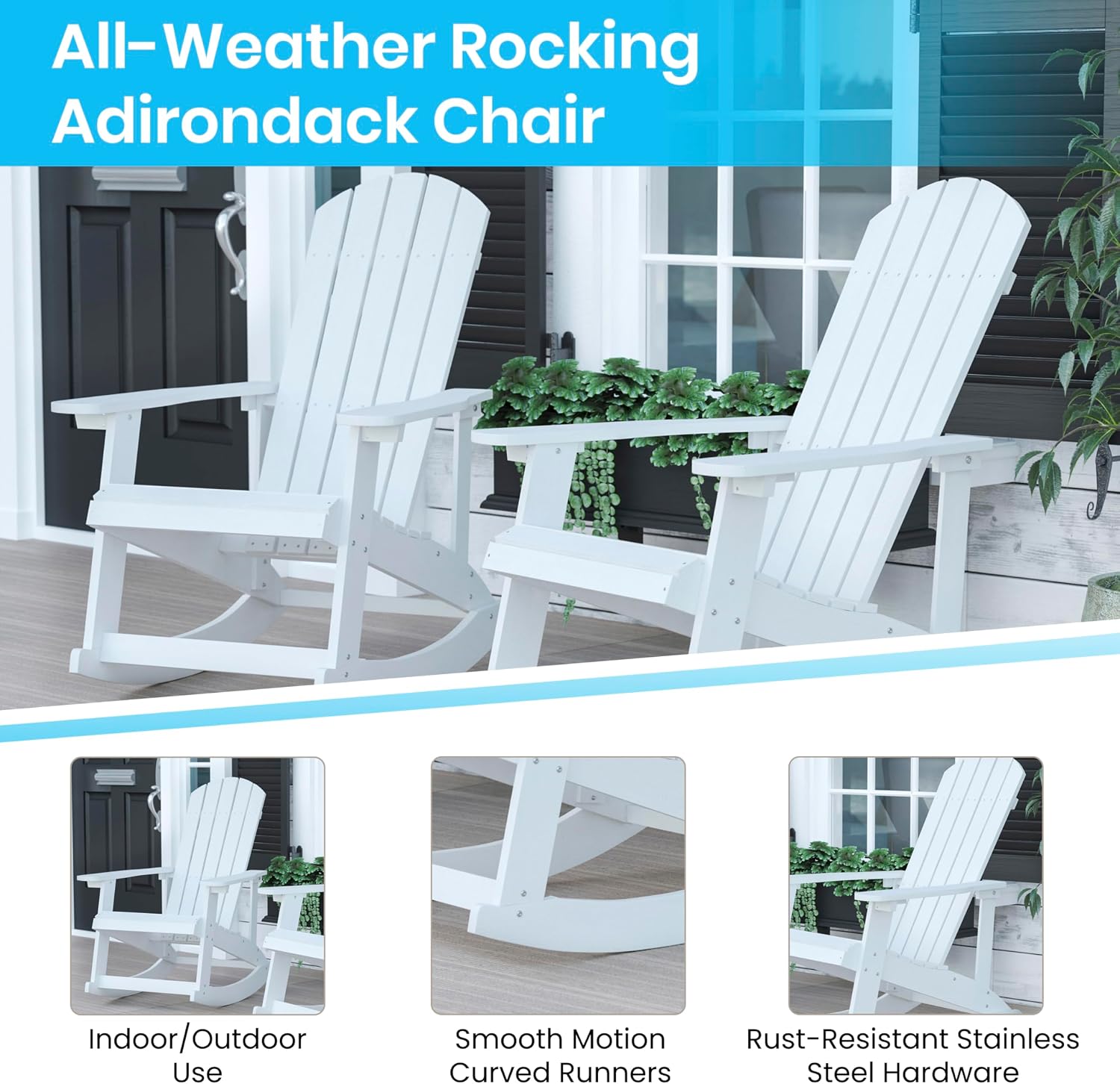 Merrick Lane Atlantic 3 Piece Patio Furniture Set - 2 White Adirondack Rocking Chairs - White Side Table - Durable Polyresin Frame - Stainless Steel Hardware