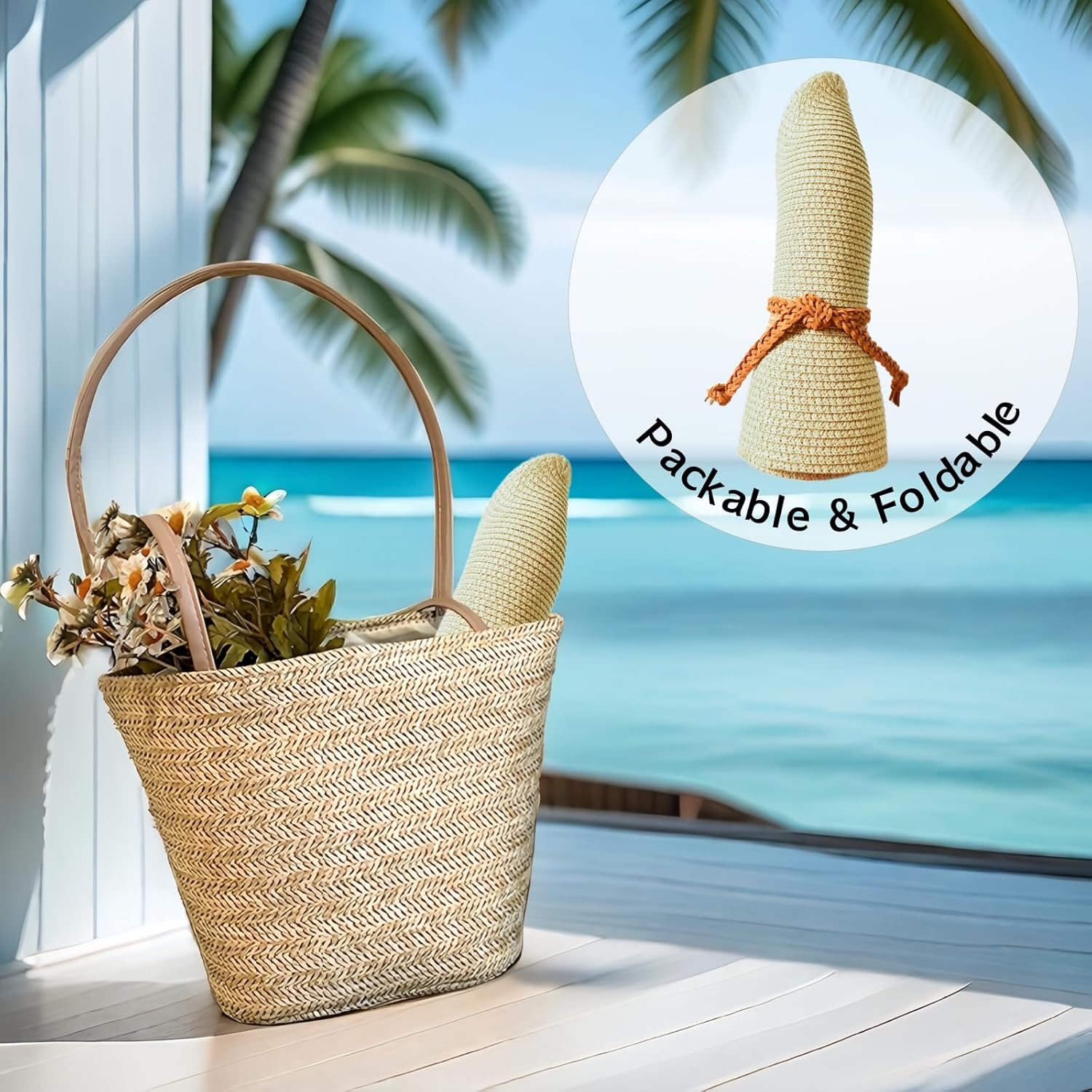 Beach Sun Straw Hats for Women, Summer Sun Protection Foldable Packable Wide Brim Hat - Image 7