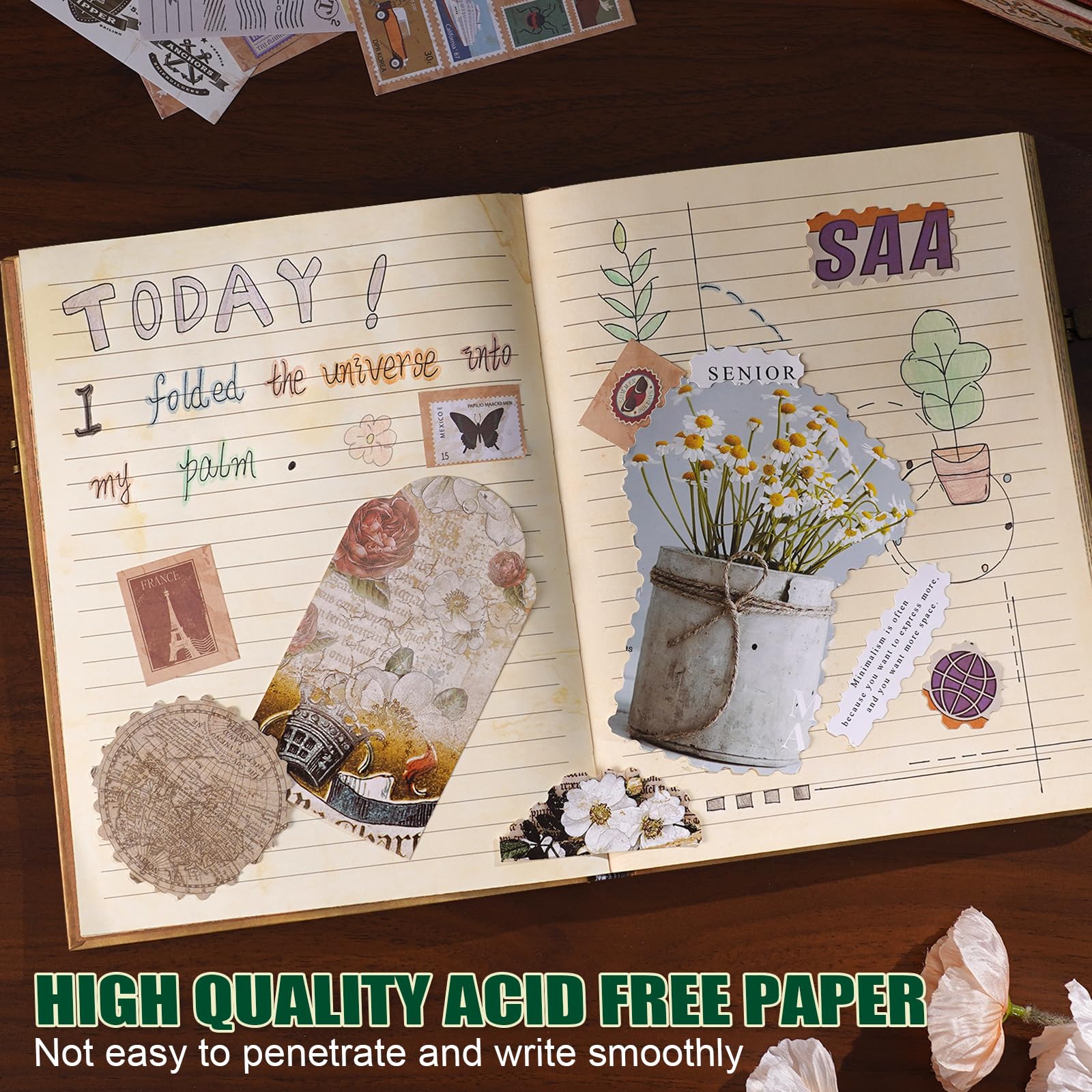 Diario retro de tapa dura con tapa dura en 3D, con páginas interiores de patrón de línea de doble especificación y bolsa de almacenamiento de sobre, se puede utilizar como un cuaderno de viaje