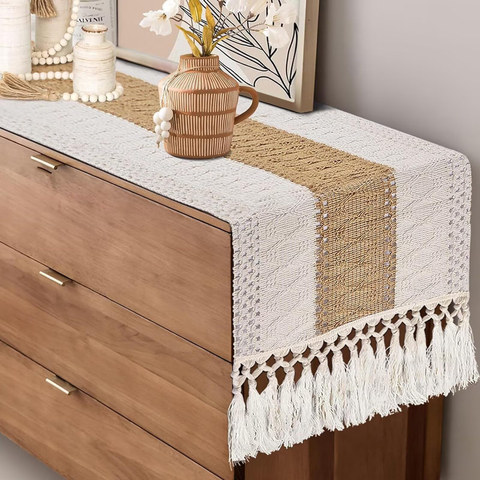 AHWEKR Table Runner, Natural Hessian Dining Table Runner Rustic Cotton Linen Table Runner with Tassels Home Holiday Party Decor Table Centrepiece Fireplace Mantle Runner，30x160cm
